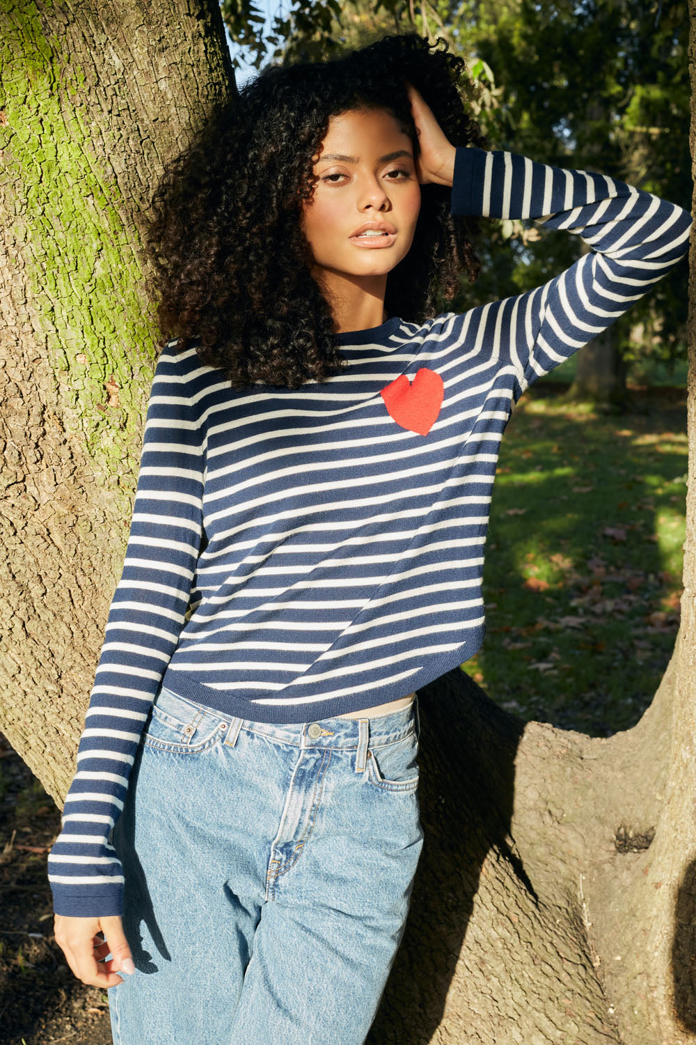 Navy Blue Merino Wool Heart Print Breton Sweater for Women - Cozy Winter Pullover for Casual Outings & Date Nights