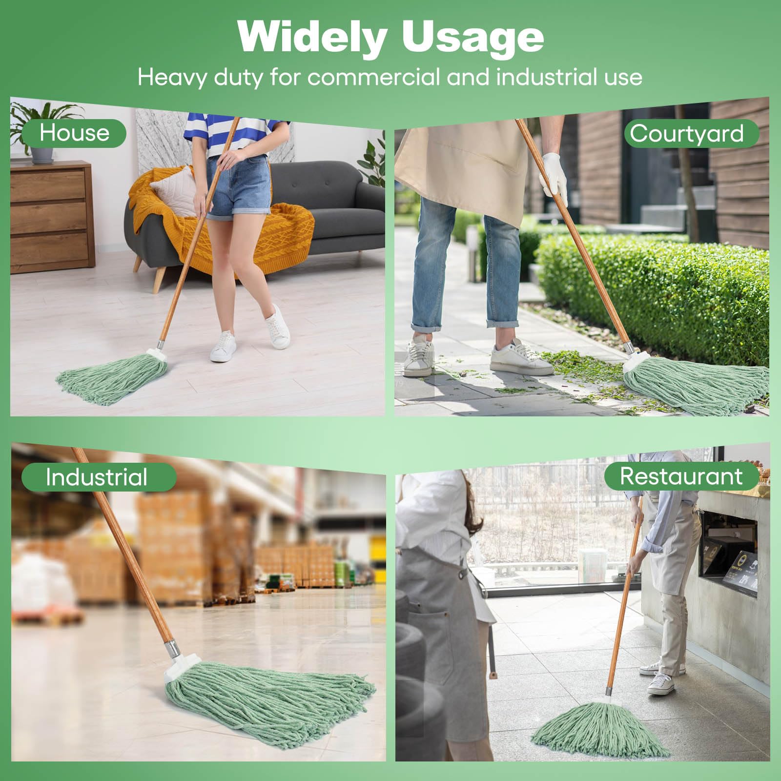Matthew Heavy Duty Cotton Wet Mop Replacement Heads (Green, Large, 3-Pack) with 2 Microfiber Cloths for Residential & Commercial Floor Cleaning - Fits Standard American Screw - Ideal for Hardwood, Tile & Laminate Floors