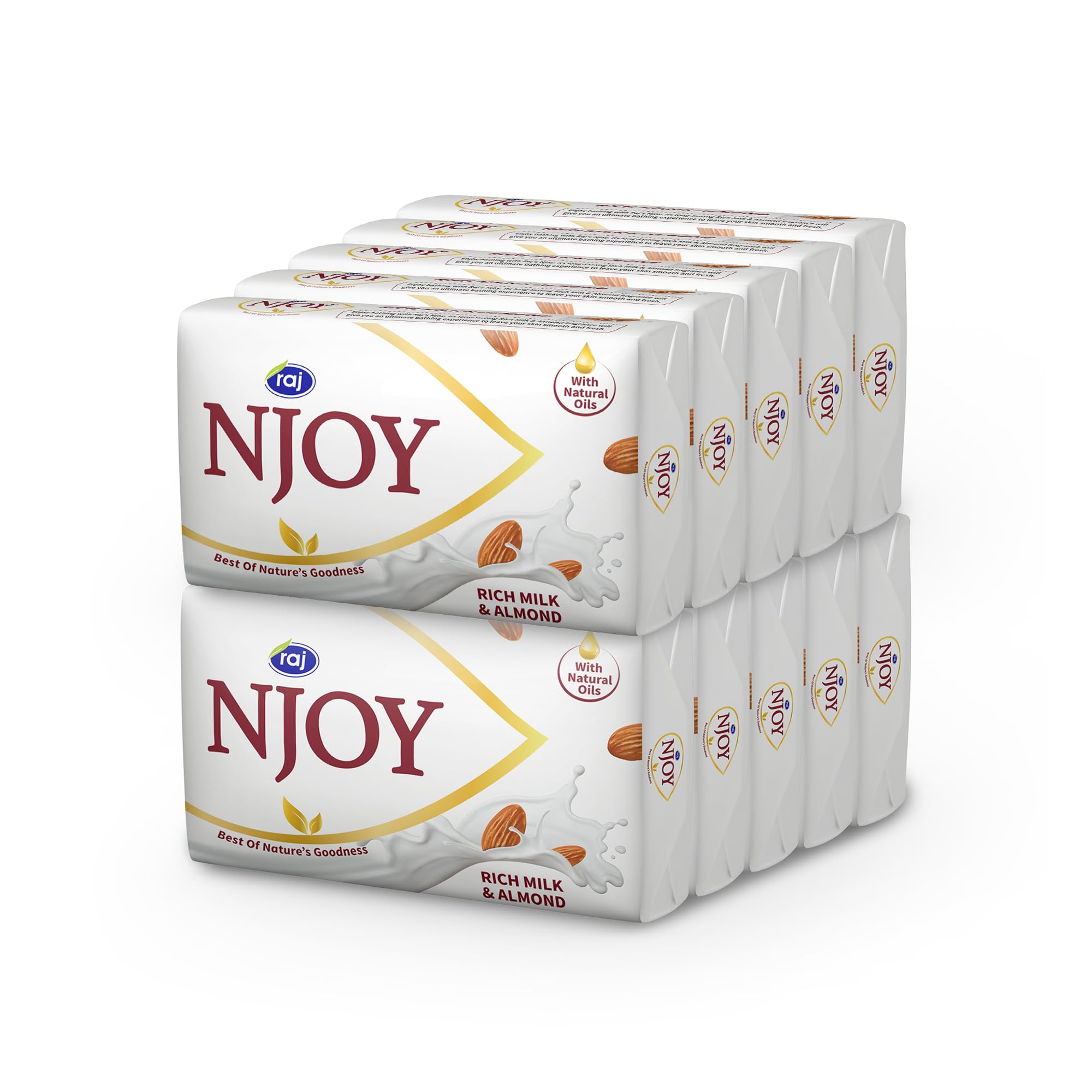 NJOY Moisturizing Bathing Soap with Rich Milk & Almond Oil (100g Each, Pack of 10 Bars) - Gentle Cleansing for Dry & Sensitive Skin, Perfect for Daily Shower & Spa Relaxation