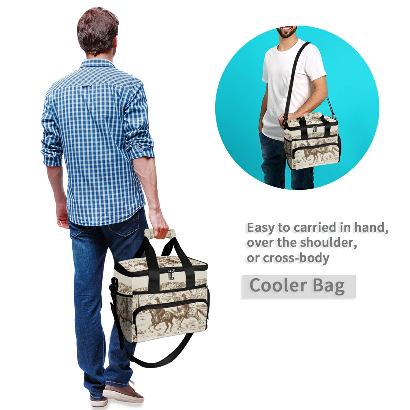 Xigua Large Insulated Cooler Bag - 15L (24 Can) Western Desert Cowboy Style Lunch Tote for Outdoor Picnics, Camping, Beach Trips & Grocery Shopping - Leakproof Thermal Food Carrier for Work, School & Travel