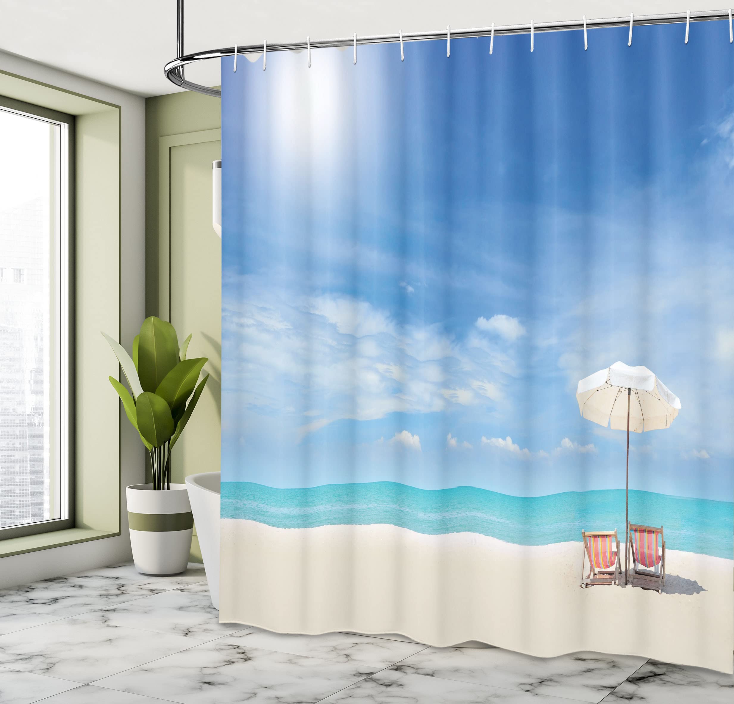 Ambesonne Hawaiian Beach Shower Curtain - Tropical Island Seascape with Chairs & Umbrella, 69x70 Inch Blue Beige Fabric Bathroom Decor - Perfect for Coastal, Beach House & Tropical Themed Bathrooms