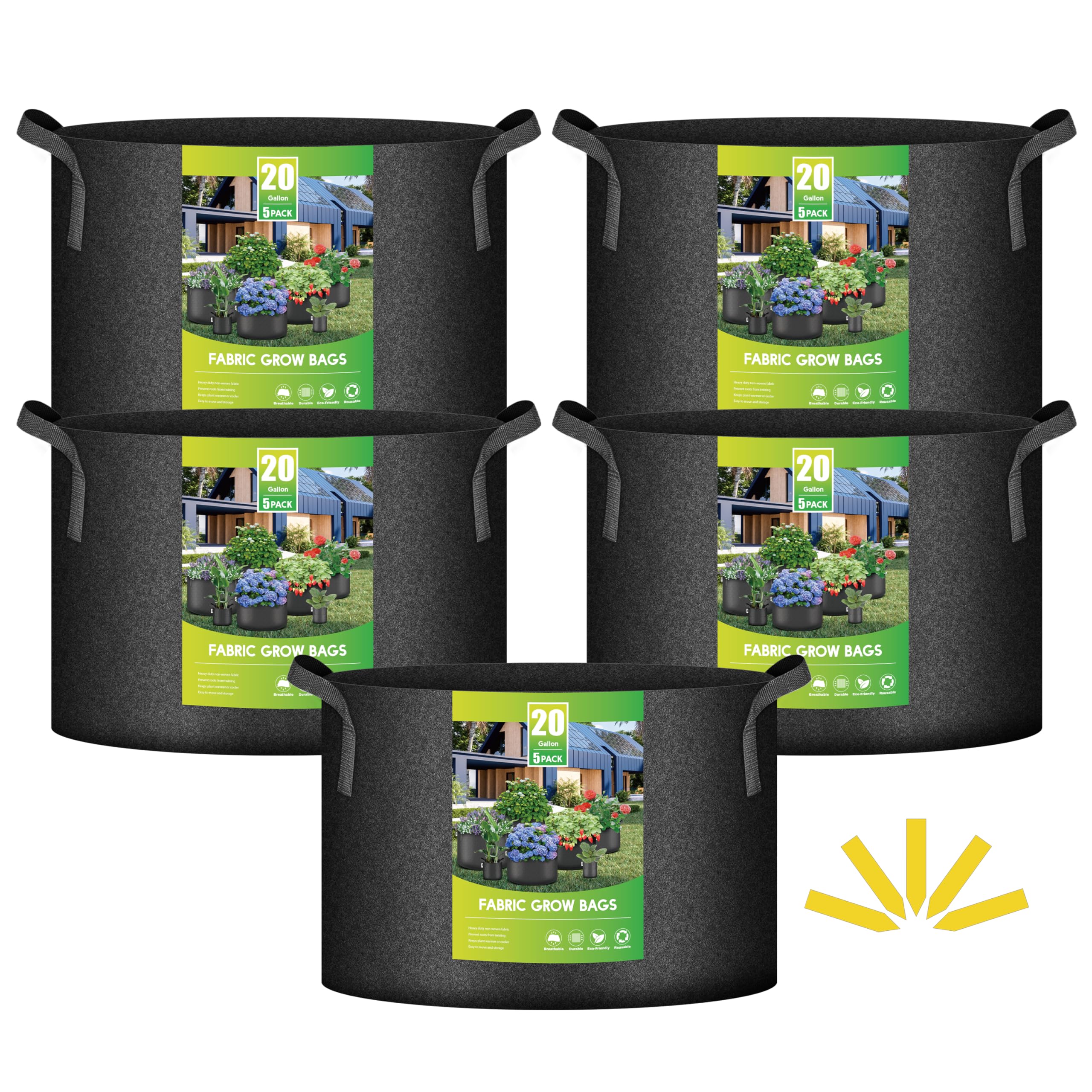 iPower 5-Pack 20 Gallon Thickened Grow Bags - Heavy Duty Nonwoven Fabric Plant Pots with Reinforced Handles for Vegetables, Flowers & Herbs - Ideal for Indoor/Outdoor Gardening, Balcony & Raised Bed Planting