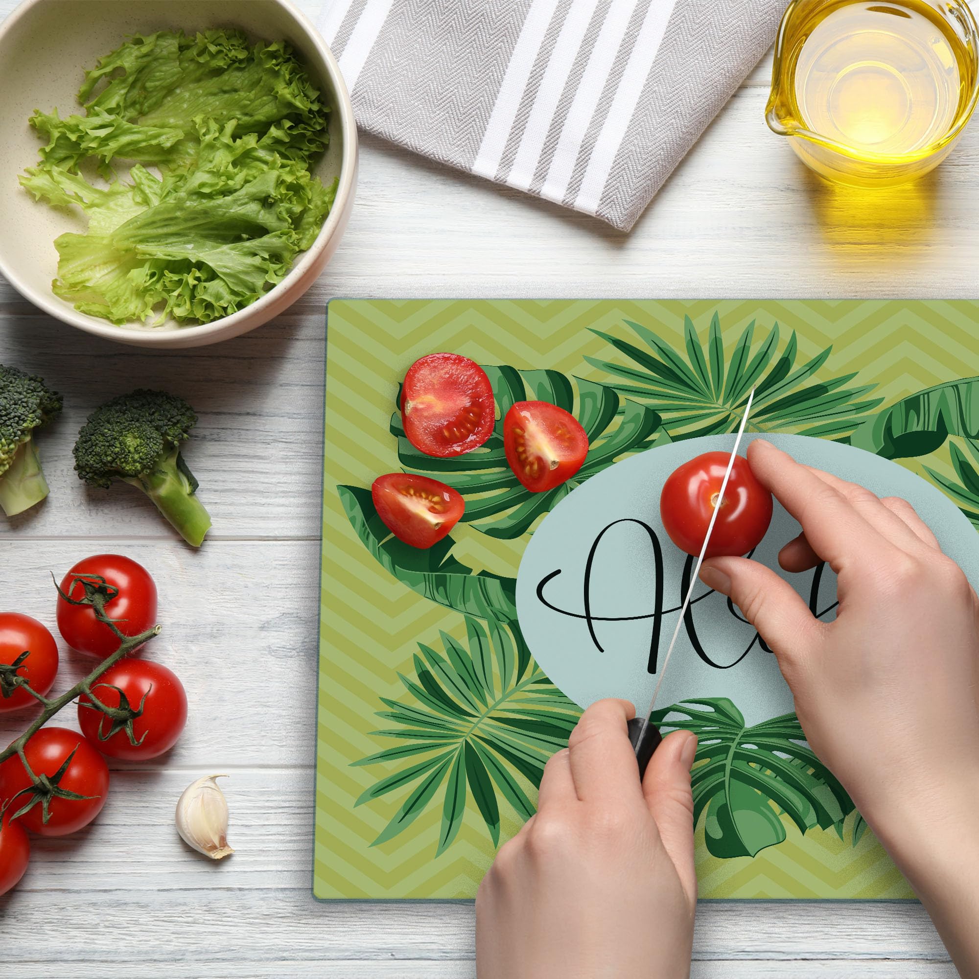 Ambesonne Aloha Tempered Glass Cutting Board - Exotic Monstera Leaf Jungle Pattern with Chevron Zigzags - Large Decorative Serving Board in Fern Green, Charcoal Grey & Pastel Brown - Perfect for Kitchen Prep, Charcuterie Displays & Tropical Themed Parties