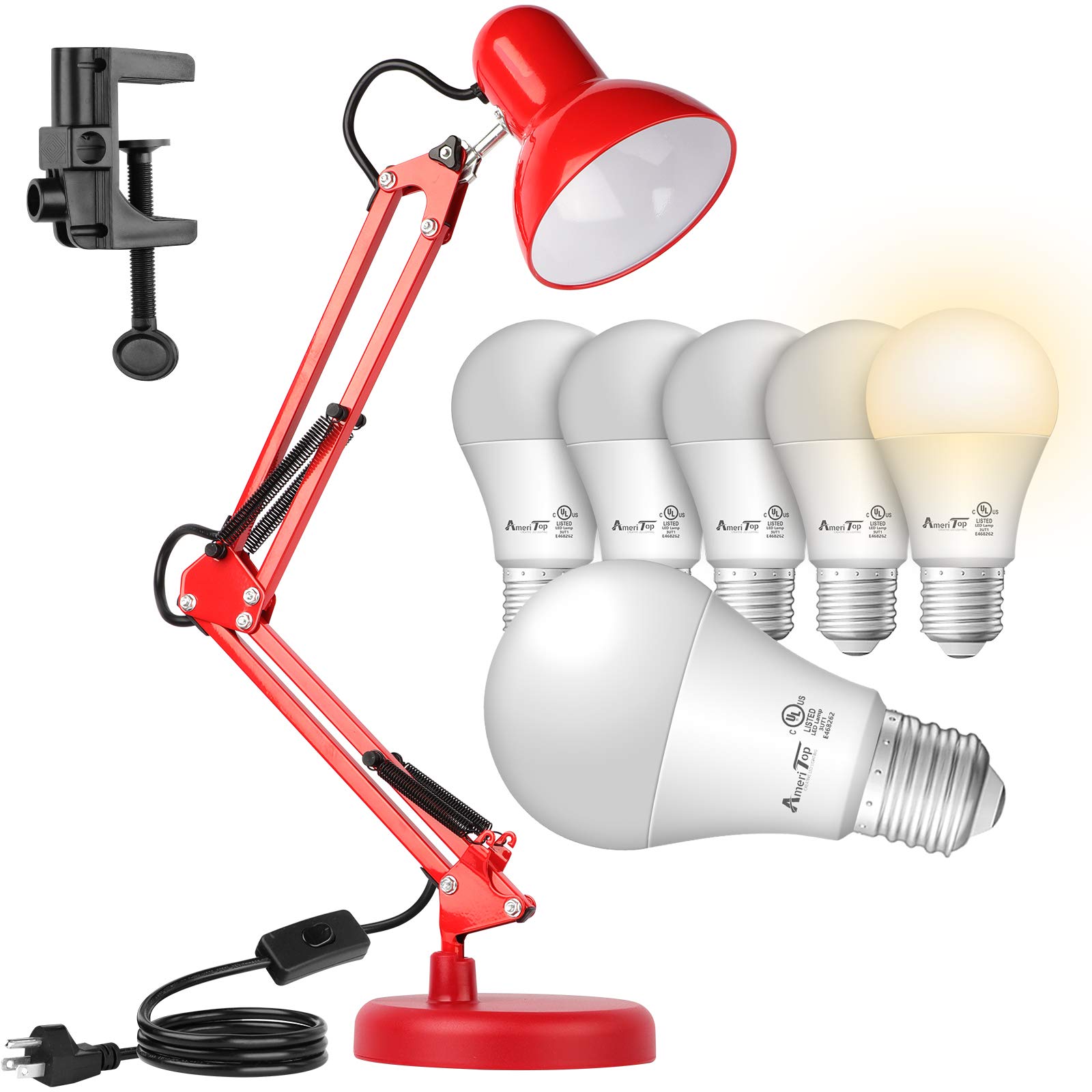 AmeriTop Metal Desk Lamp with Adjustable Goose Neck & 6 Pack 3000K Warm White LED Bulbs - Red Swing Arm Table Lamp with Clamp/Interchangeable Base | Perfect for Home Office, Study Room & Bedside Reading Lighting
