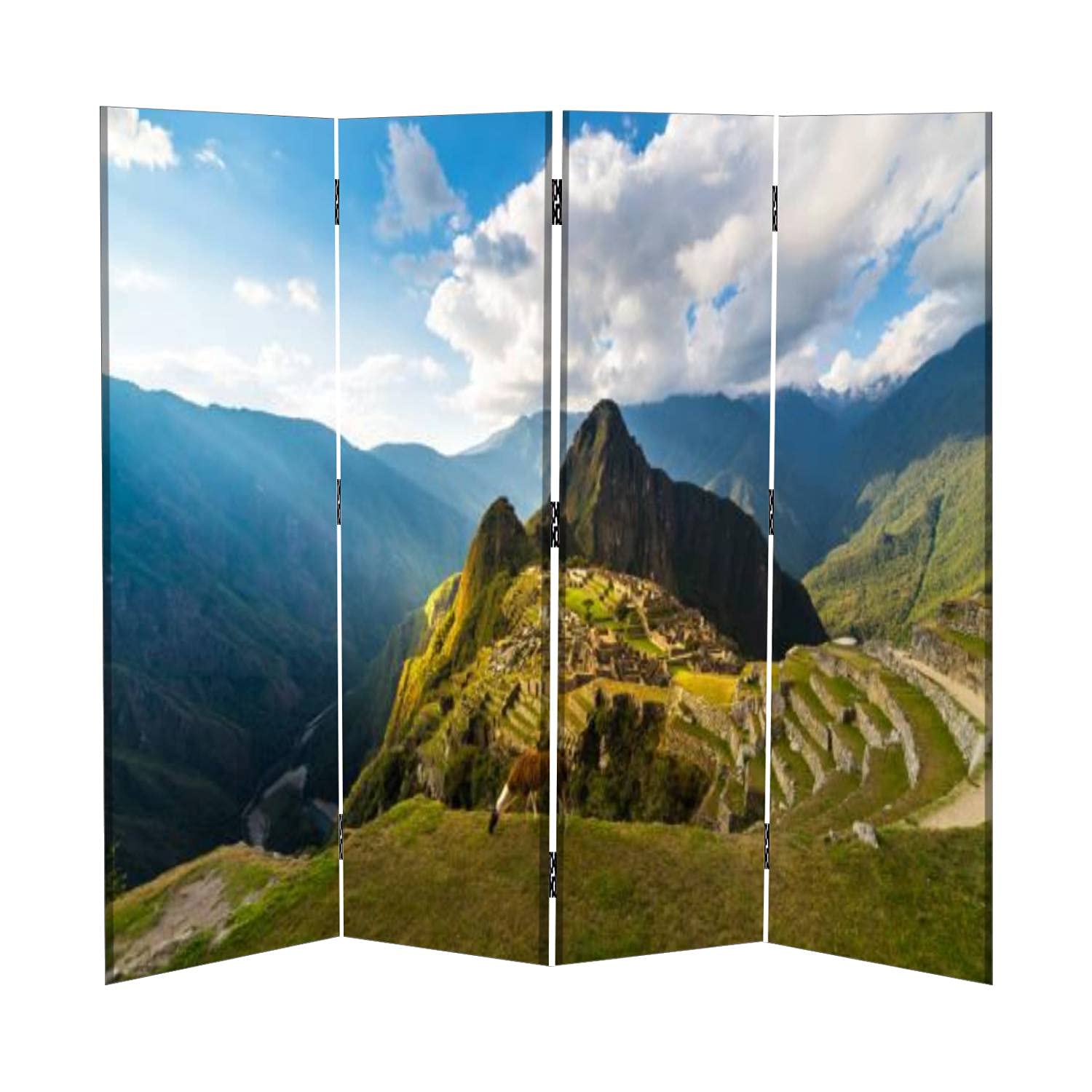 4 Panel Canvas Room Divider Screen - Machu Picchu Sunset Landscape Folding Privacy Partition | Wide Angle View Temporary Wall Divider for Home Office, Bedroom & Living Room Separation