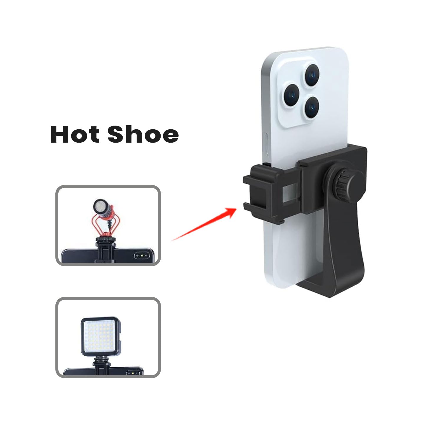 Rotatable Phone Holder Tripod Mount Adapter - 360° Adjustable Clip with 1/4 Inch Screw & Hot Shoe for Vertical/Horizontal Shooting - Perfect for Vlogging, Live Streaming & Photography (Black)