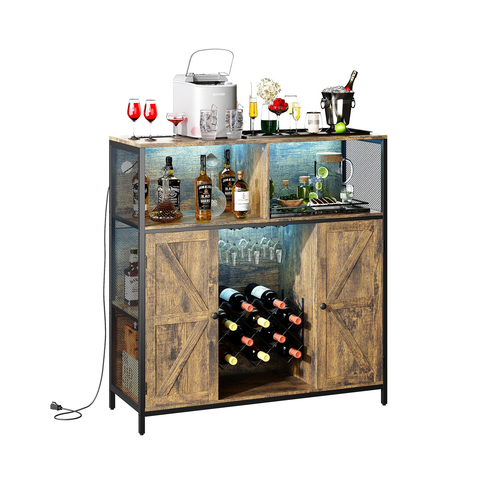 Redlife Industrial Wine Bar Cabinet with Power Outlets, LED Lights & Glass Holder - Modern Storage Buffet for Coffee & Wine Station - Perfect for Home Bar, Dining Room & Entertainment Areas
