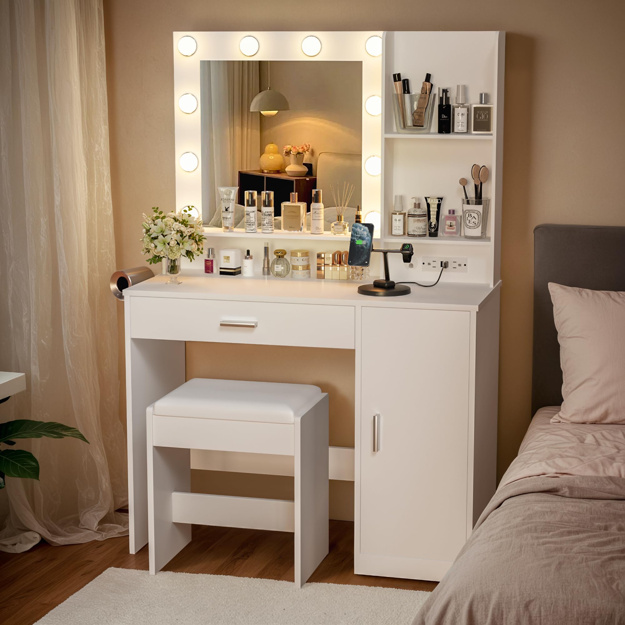 YESHOMY White Vanity Desk with LED Lighted Mirror - Makeup Dressing Table with 3 Lighting Modes, Adjustable Brightness, Hairdryer Holder & Power Outlet - Bedroom Dresser with Drawers & Storage Cabinets - Perfect for Makeup Application, Skincare Routine & Hair Styling