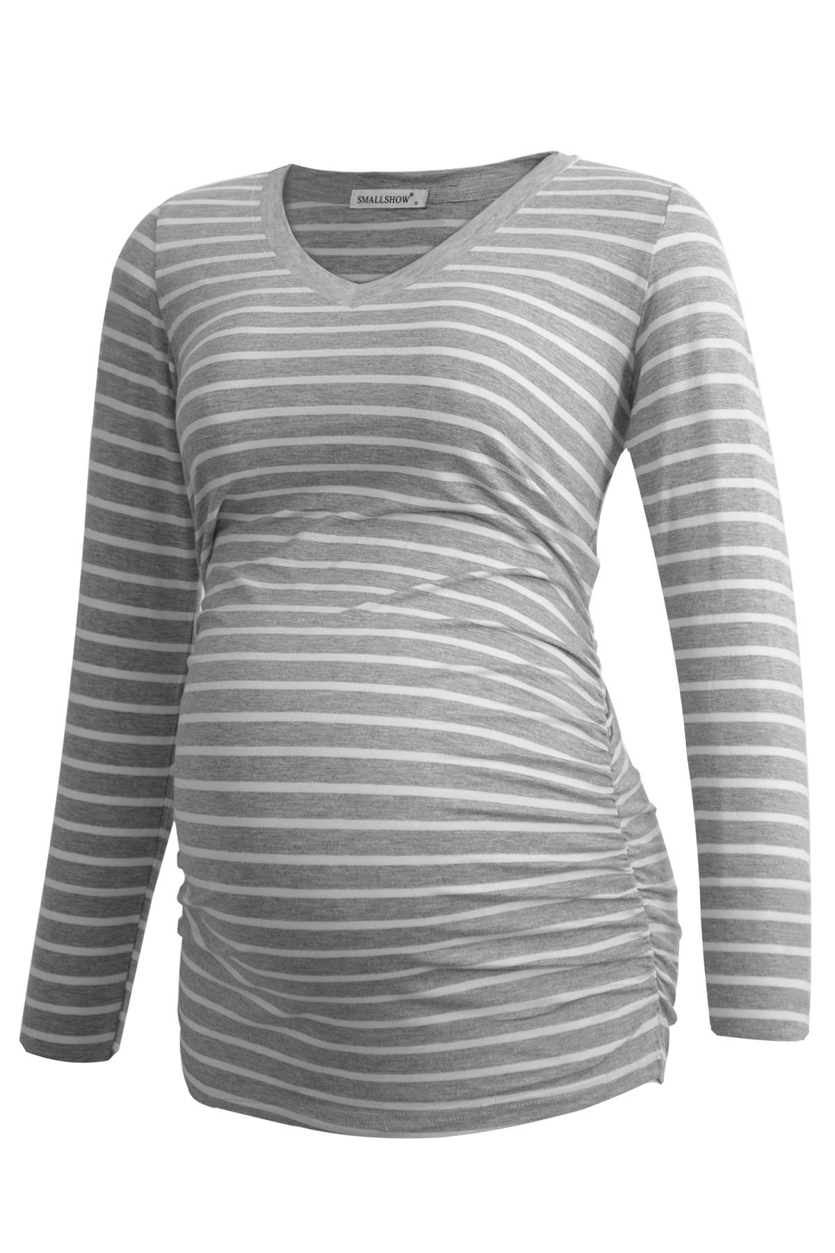 Smallshow Women's V-Neck Maternity Shirt - Soft Long Sleeve Ruched Pregnancy Top for Comfort & Style | Perfect for Work, Casual Wear & Maternity Photos