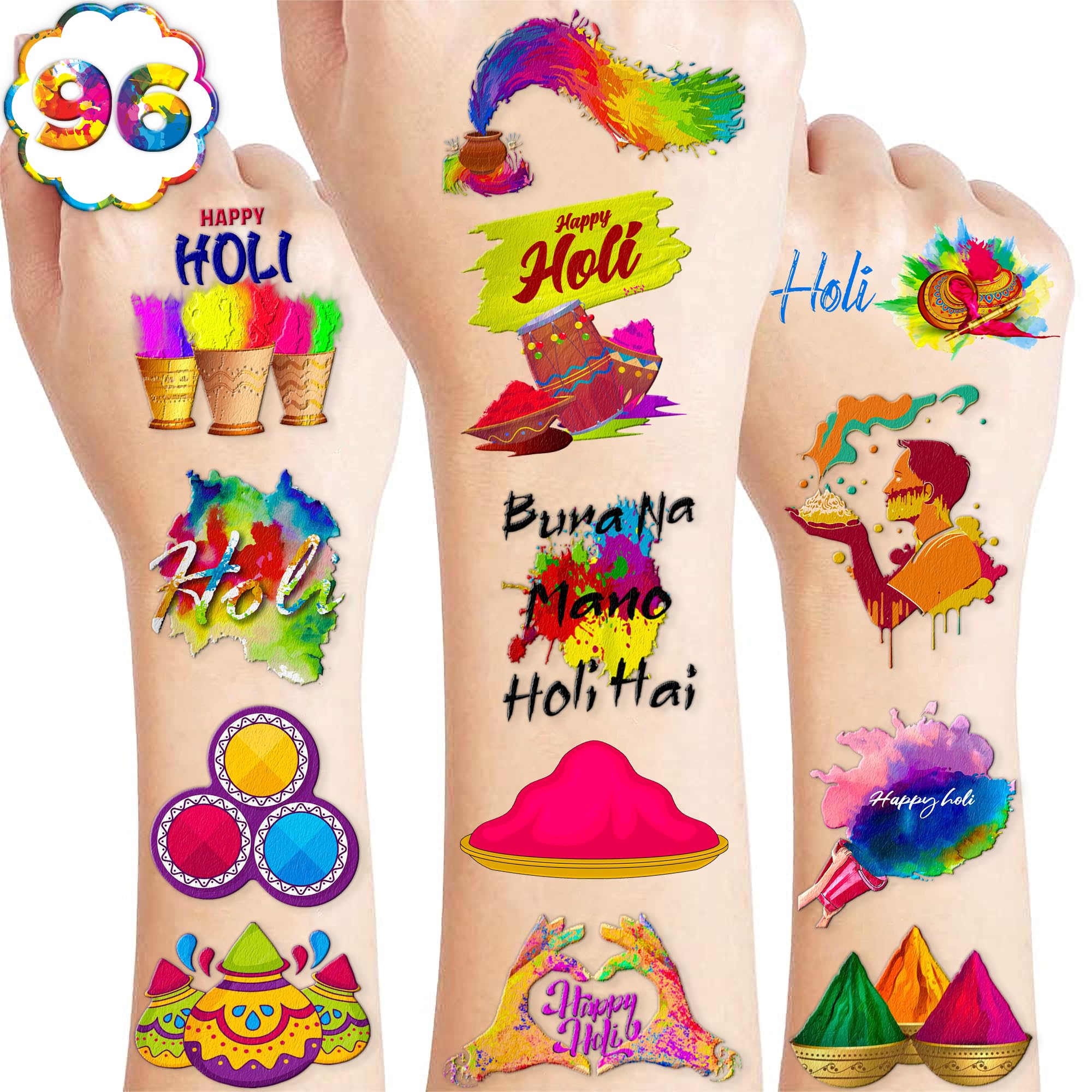 105 PCS Colorful Holi Festival Temporary Tattoos - Indian Diwali Party Supplies, Pichkari Themed Stickers for Kids Birthday Decorations, School Prizes & Gifts for Boys and Girls - Perfect for Cultural Celebrations, Festive Events and Classroom Rewards