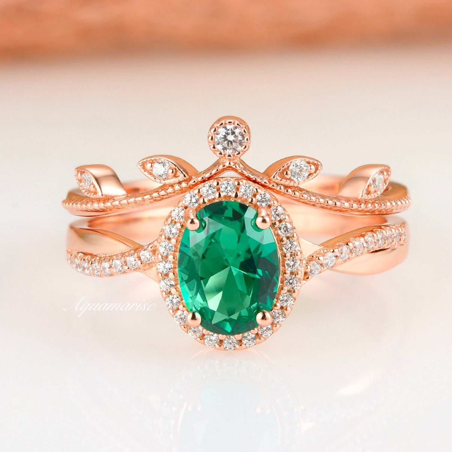 14K Rose Gold Vermeil Gemma Emerald Ring Set - Elegant Jewelry for Women, Perfect for Weddings, Anniversaries & Special Occasions