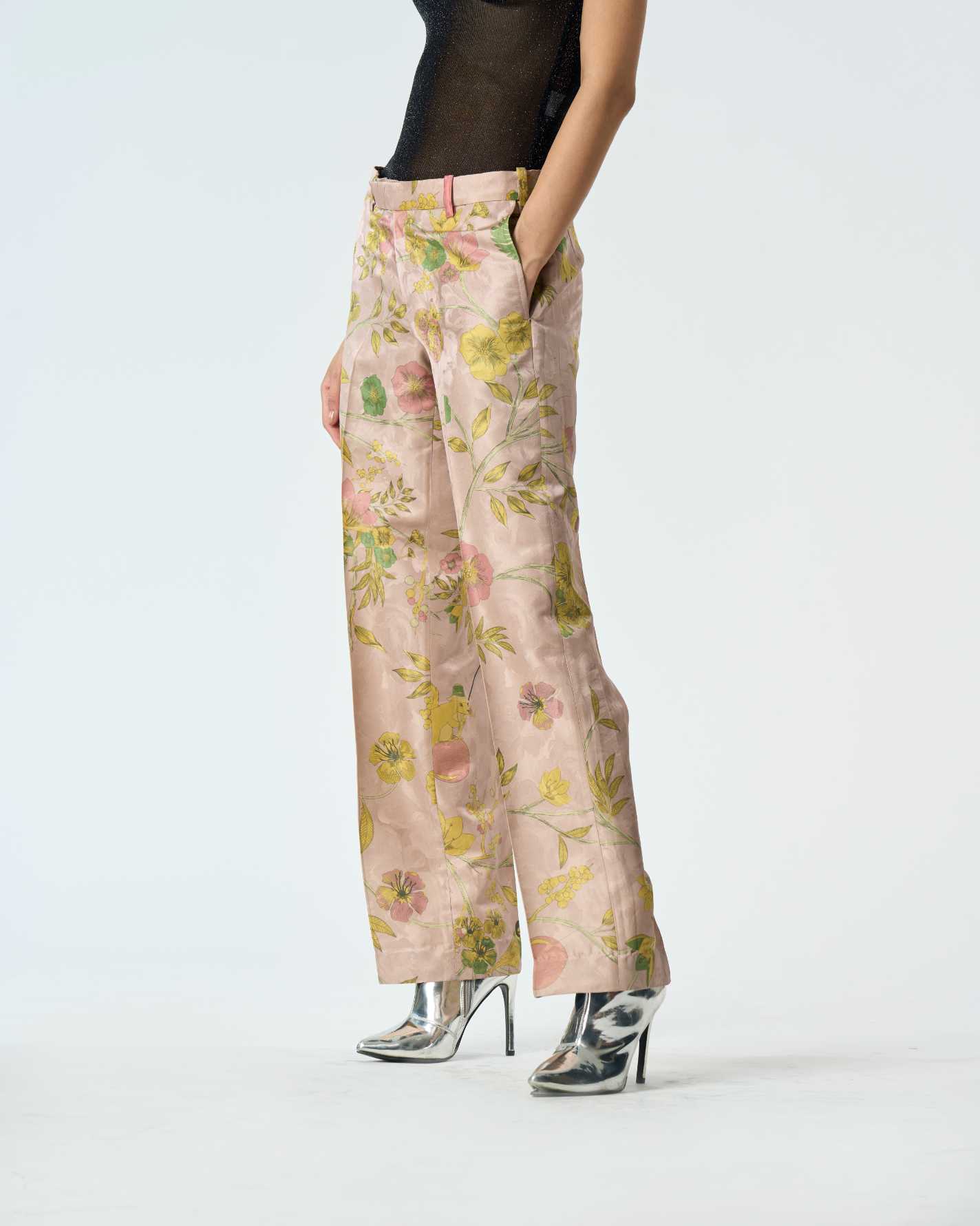 Champagne Pink Silk Damask Straight Fit Trousers for Women - Elegant Formal Pants for Office, Evening Events & Special Occasions
