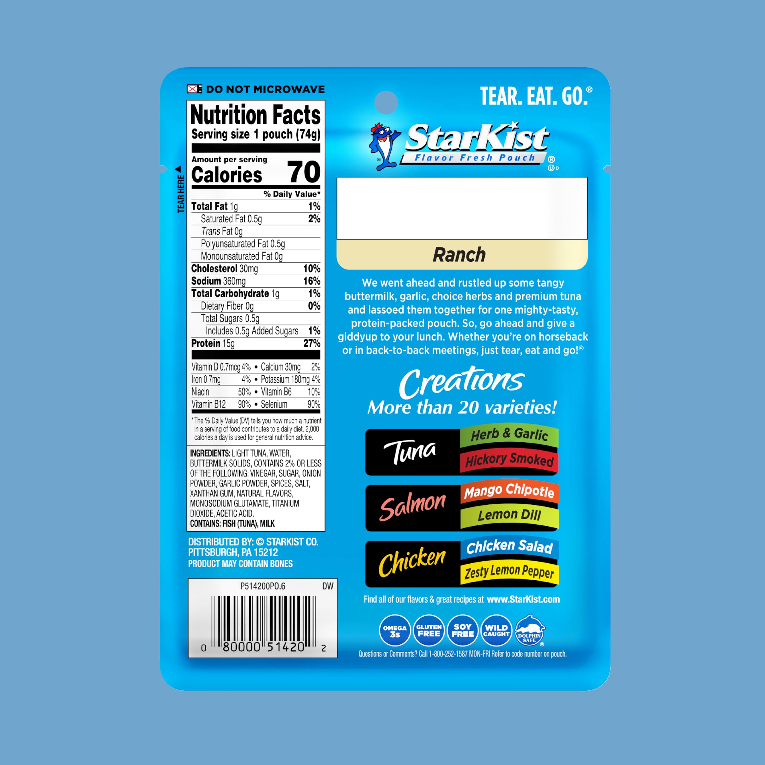 StarKist Tuna Creations Ranch Flavor, 2.6 oz Pouch (Pack of 12) | Premium Protein Snack for Lunches, Camping & On-the-Go Meals | Packaging May Vary