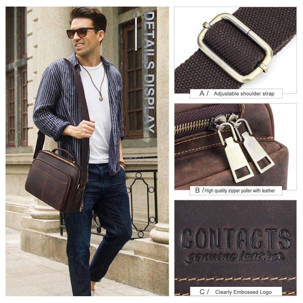 Premium Hiram Men's Briefcase - Genuine Crazy Horse Leather Messenger Bag for 9.7