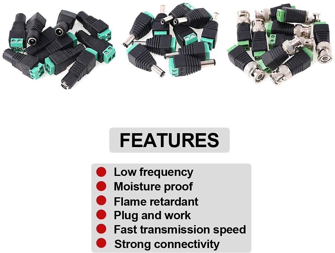 24-Pack DC Power Connectors & BNC Balun Adapters (8 Pairs 5.5x2.1mm DC Male/Female + 8 BNC Male) for LED Strips, CCTV Security Cameras - Power Supply Solutions for Home & Office Surveillance Systems