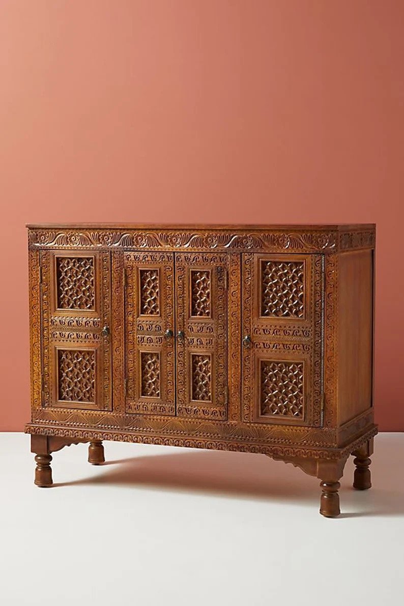 Hand Carved Wooden Sideboard - Brown Checkered Wood Carving Buffet Cabinet for Dining Room, Living Room & Entryway Storage | Rustic Home Decor Furniture