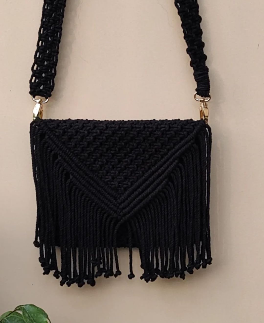Handmade Macrame Shoulder Bag for Women - Boho Style Crossbody Purse with Adjustable Strap - 23cm x 23cm Black Handbag - Perfect for Beach, Festival & Everyday Use
