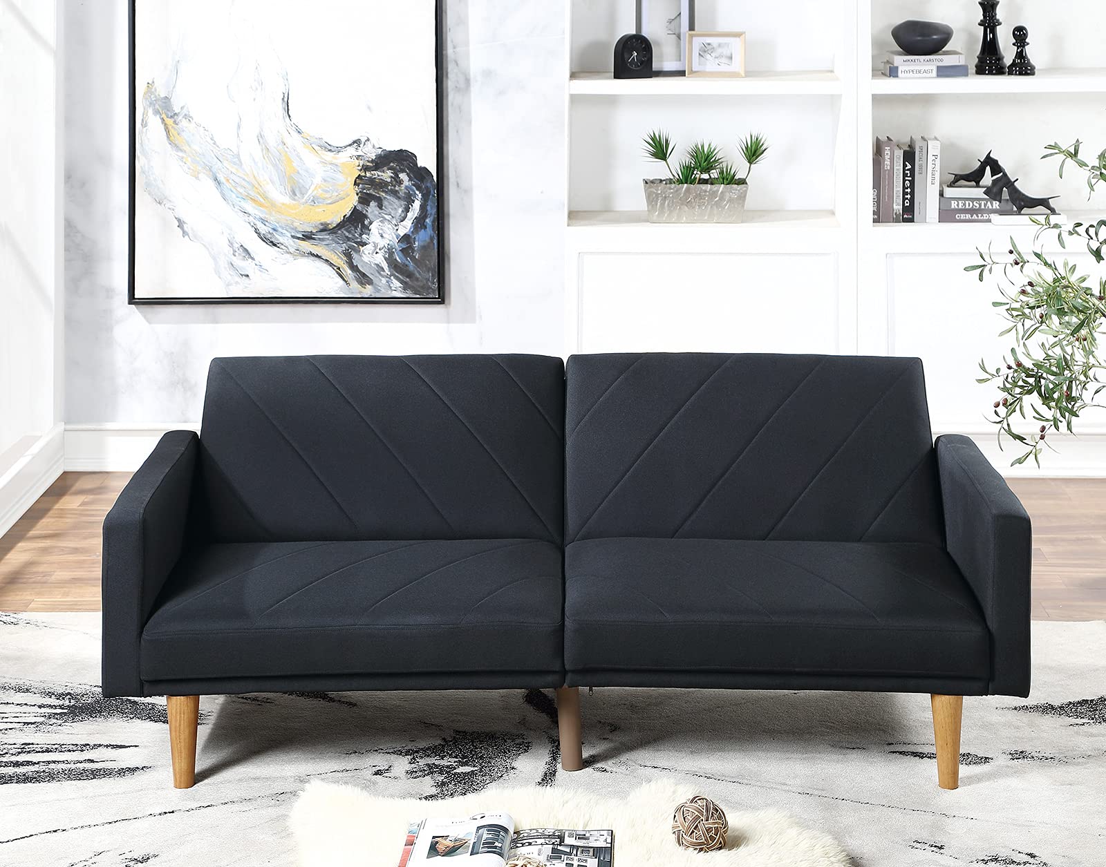 KINFFICT 80-inch Convertible Futon Sofa Bed - Modern Sleeper Sofa Couch with Solid Wooden Legs for Living Room, Guest Room or Small Space - Black | Perfect for Apartments, Dorms and Home Offices
