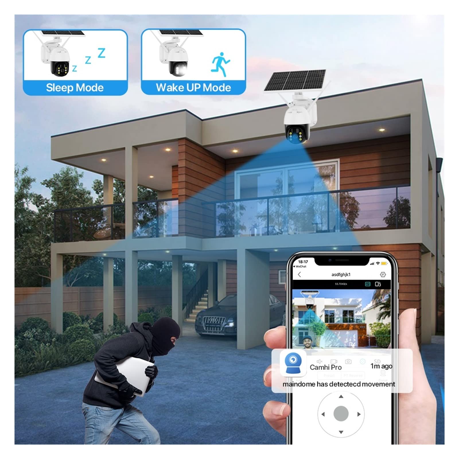 4G Solar Security Camera Outdoor - 1080P HD Wireless PTZ IP Camera with 5W Solar Panel, Built-in Battery & PIR Motion Detection (WiFi + 64GB) for Home Surveillance, Farm Monitoring & Property Protection