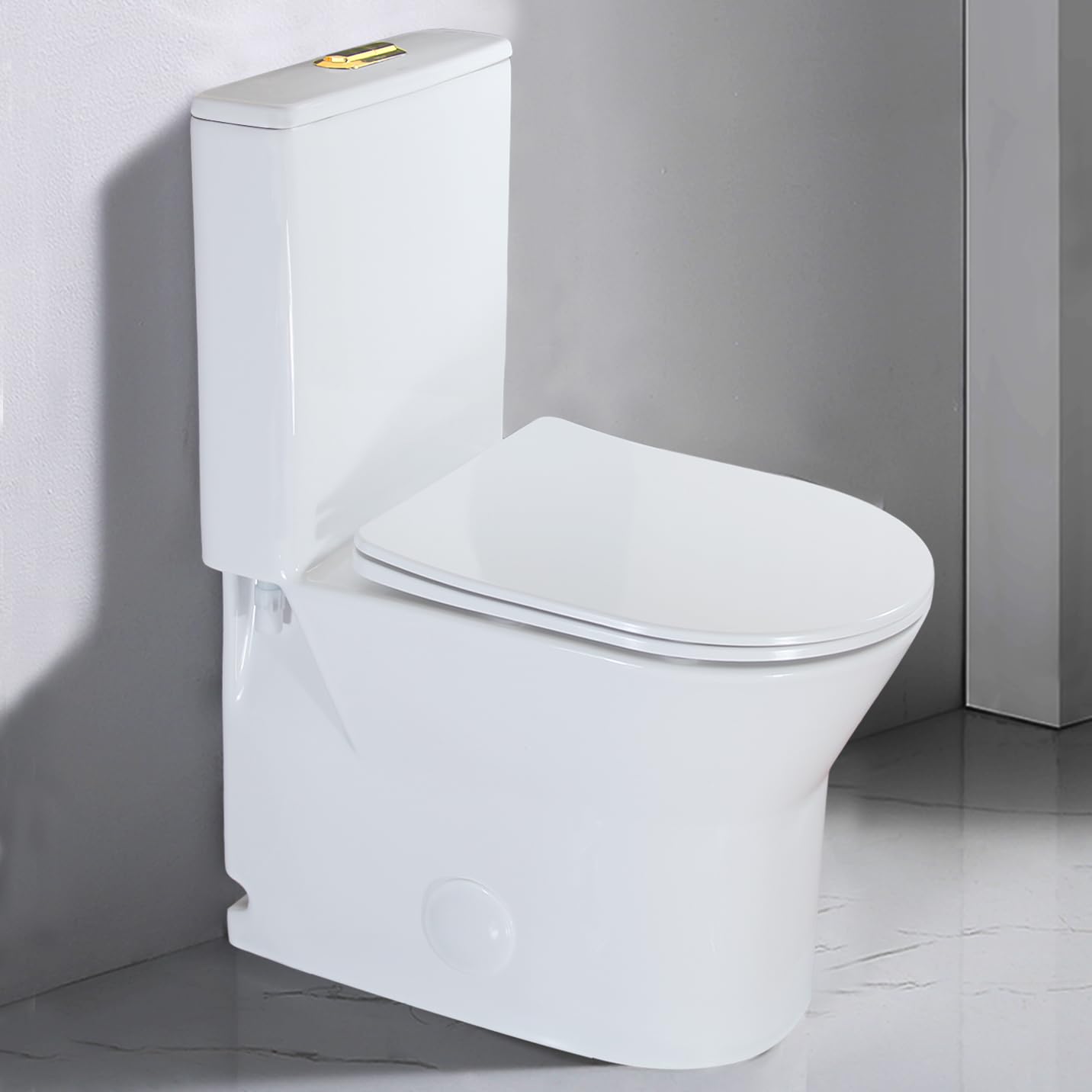 WinZo 23-Inch One Piece Toilet with 10-Inch Rough-In - Compact Space-Saving Design for Small Bathrooms - White with Golden Button - Perfect for Apartments, Tiny Homes & Powder Rooms