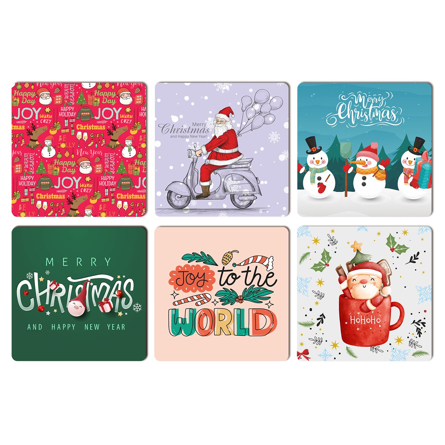 Premium Christmas Designer Printed Coasters - Set of 6 Square MDF Wood Coasters for Dining Table, Desk & Home Decor | Holiday Party, Gift & Festive Dining Accessories