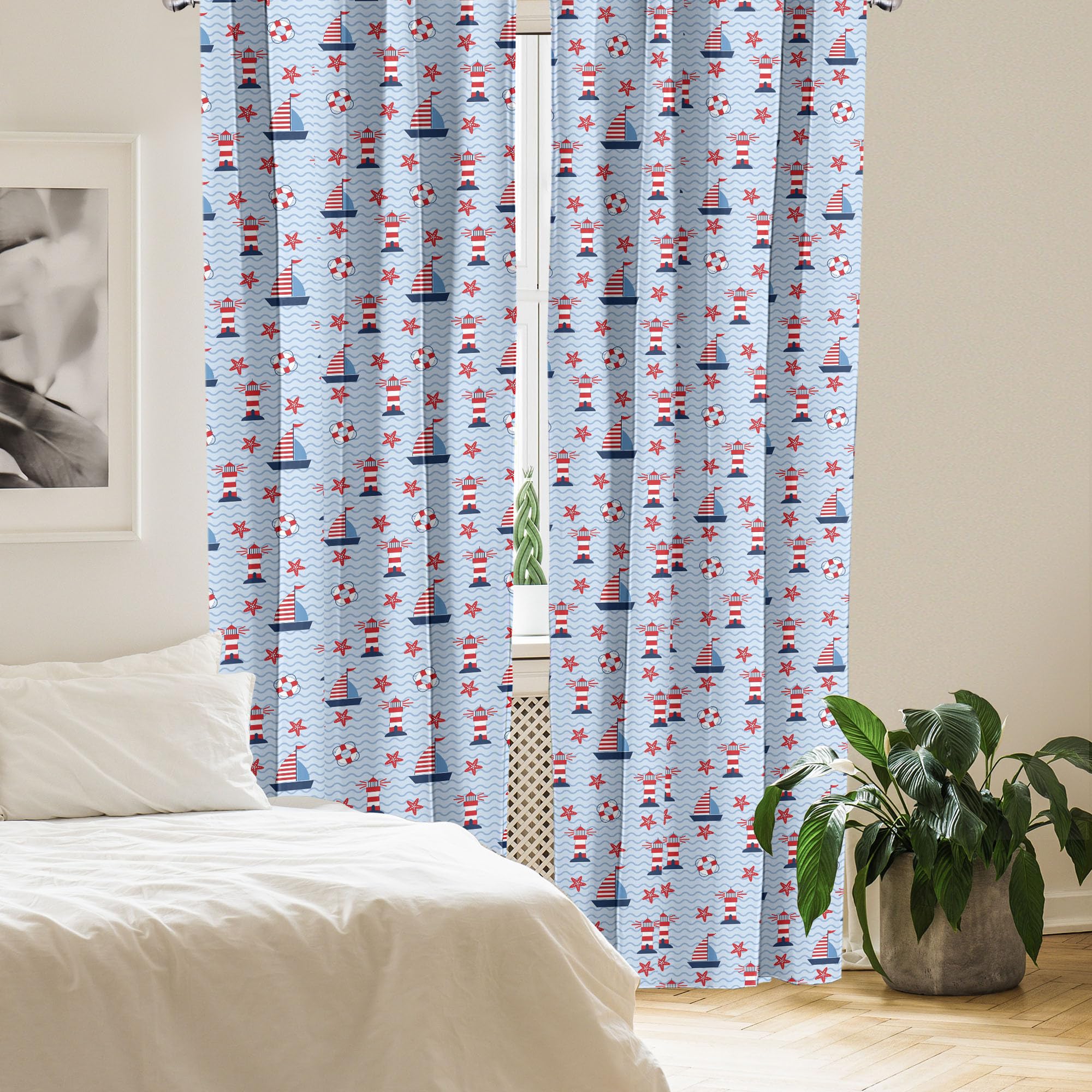 Ambesonne Lighthouse Curtains - Coastal Nautical Design with Sea Waves, Boats & Starfish - 2 Panel Window Treatments Set (28