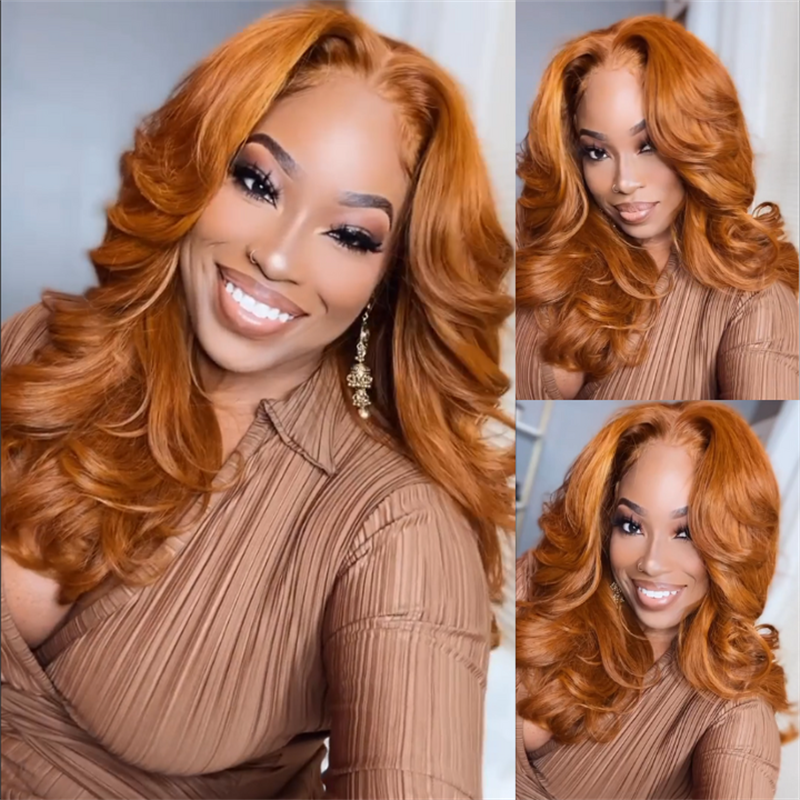 Eullair Ginger Brown Body Wave Human Hair Wig - Glueless Pre-Styled with Layered Cut & Curtain Bangs | Lace Frontal Wig for Women | Perfect for Daily Wear, Parties & Cosplay