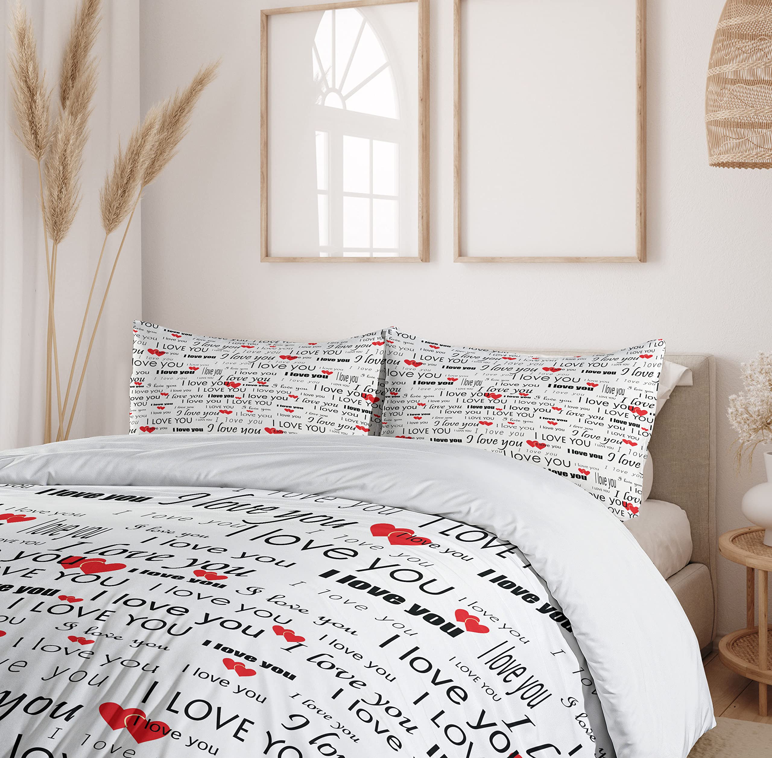 Ambesonne Romantic Duvet Cover Set - 'I Love You' Hearts Design for Couples | Valentine's Day Bedding | 3-Piece California King Set with 2 Pillow Shams in Vermilion, Black & White | Perfect for Anniversary Gifts, Wedding Decor & Cozy Bedroom Makeovers
