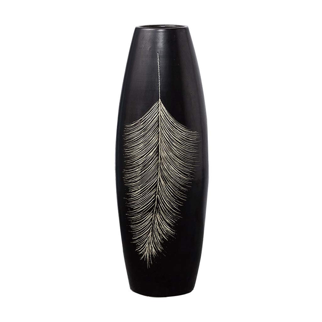Minimalist Black Ceramic Floor Vase - 60cm Tall Feather Design for Modern Home Decor | Perfect for Living Room, Bedroom, or Office Decoration
