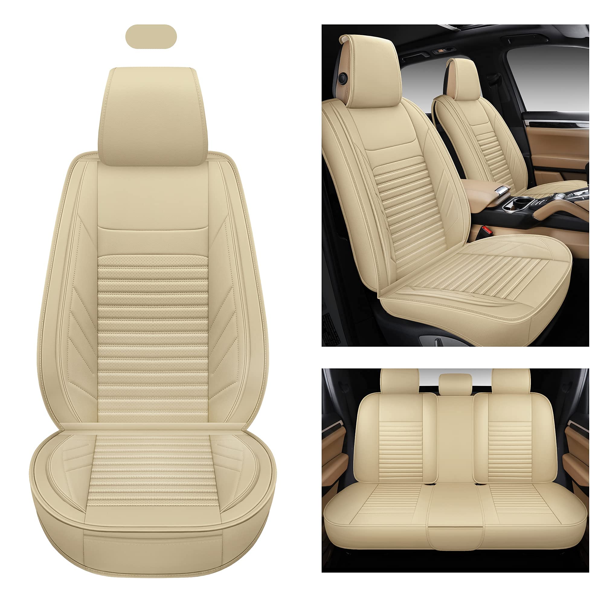 Premium AOOG Leather Car Seat Covers - Universal Fit Leatherette Seat Protectors for Cars, SUVs & Trucks | Non-Slip Auto Interior Accessories (Full Set, Beige) | Perfect for Road Trips, Commuting & Family Protection