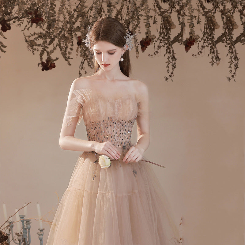 Champagne Off Shoulder Tulle Prom Dress with Beading - Elegant Formal Party Gown for Homecoming, Quinceañera & Evening Events - Style 676