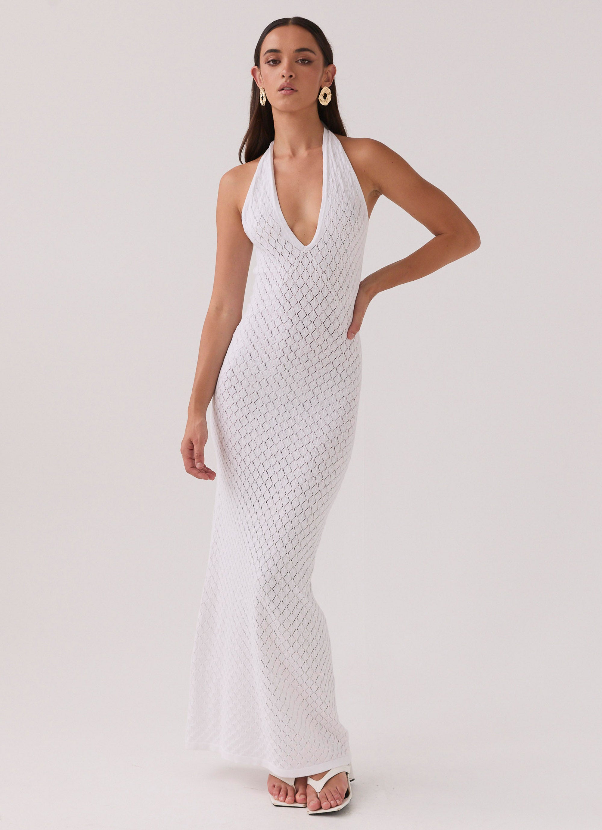 Herald Angels Knit Maxi Dress for Women - Elegant White Long Sleeve Midi Dress - Perfect for Christmas, Holiday Parties, and Winter Weddings