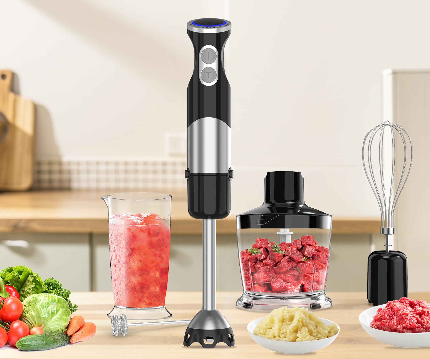 5-in-1 Immersion Hand Blender 1100W - 12 Speed & Turbo Boost Stick Blender with Stainless Steel Chopper, Mixing Beaker, Whisk & Milk Frother for Smoothies, Purees, Milkshakes, Soups & Baby Food - Professional Kitchen & Home Cooking Essential