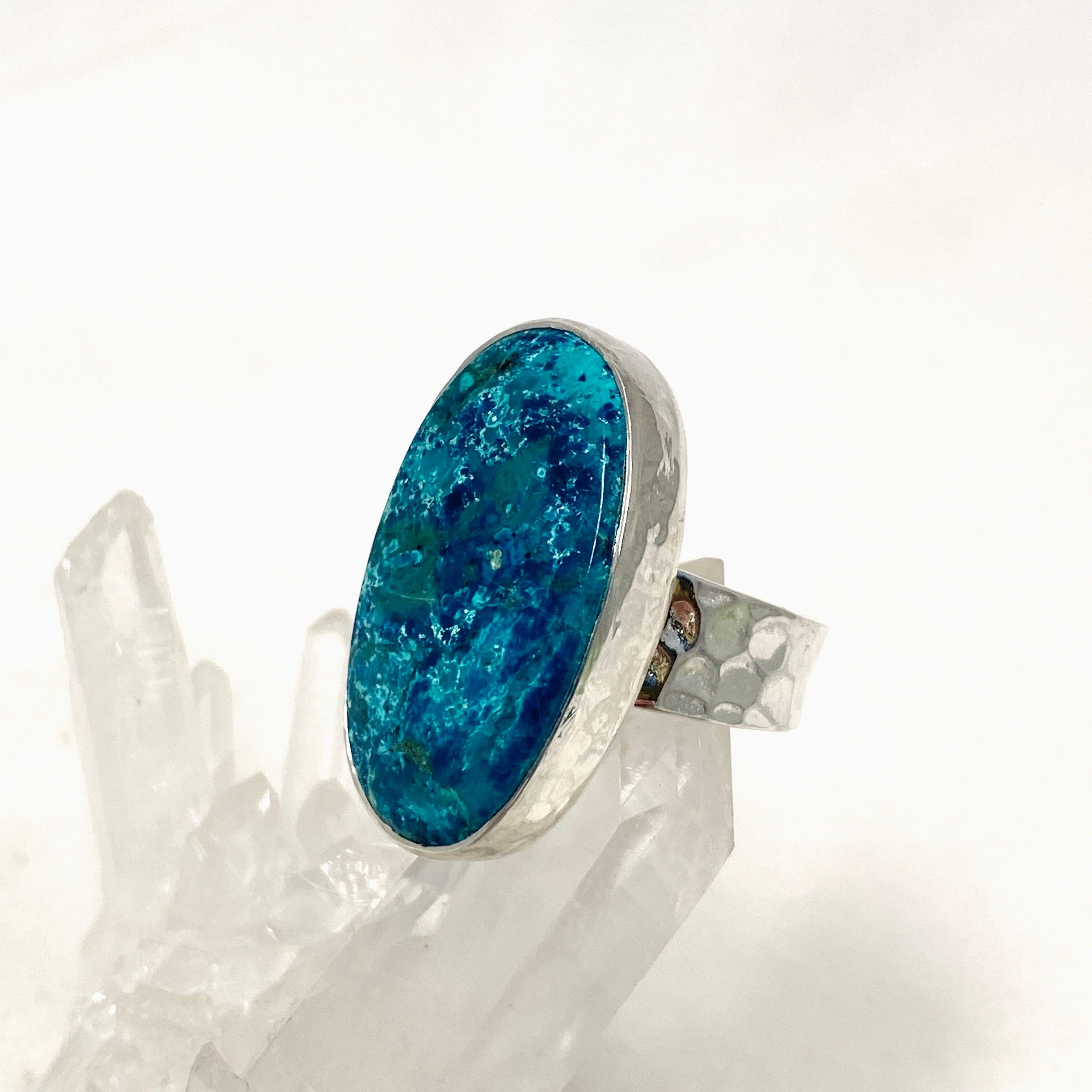 Shattuckite Oval Ring with Hammered Band - Size 8.5 KRGJ3229 | Handmade Bohemian Jewelry for Women, Spiritual Healing Crystal Gift for Meditation & Energy Work