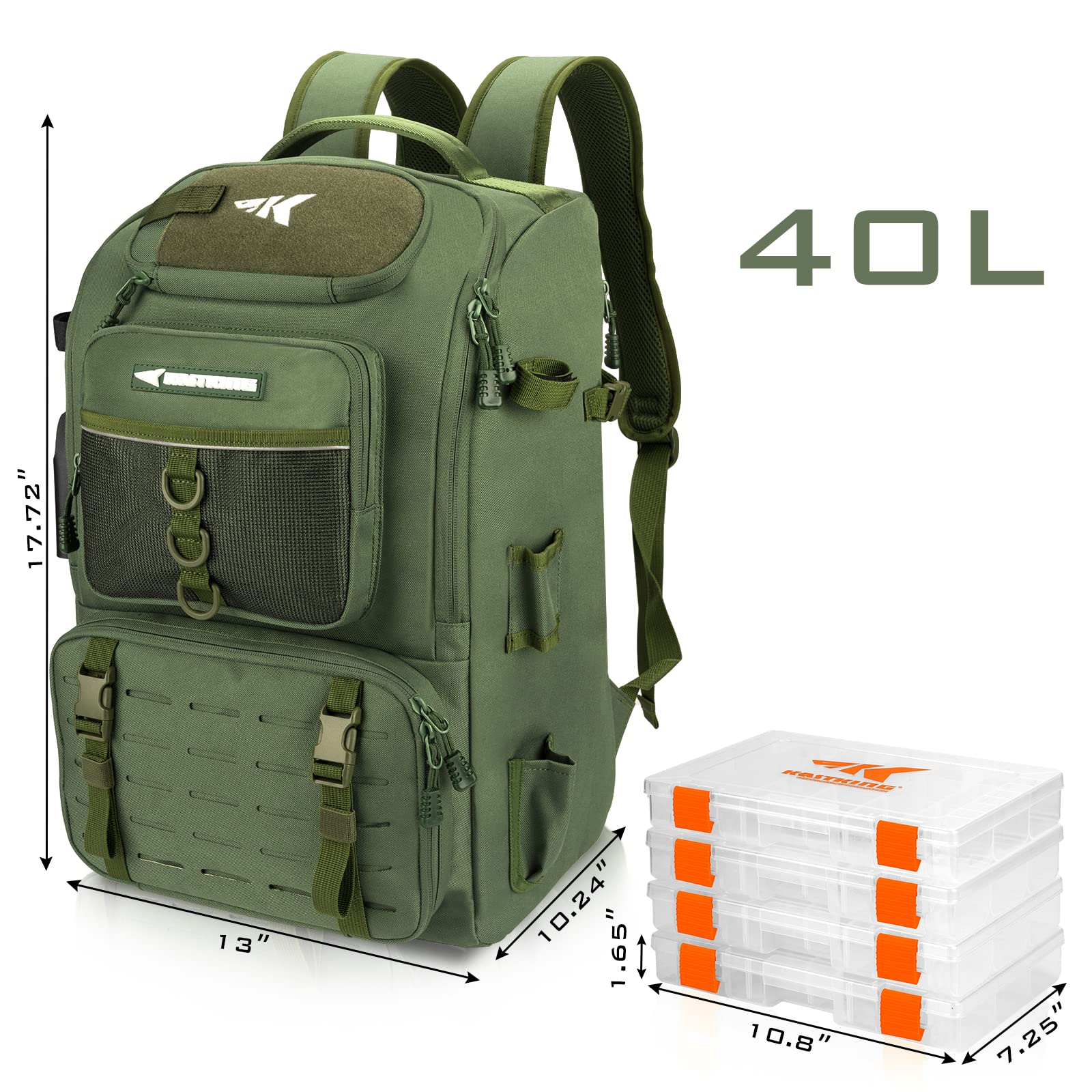**KastKing Karryall 40L Fishing Tackle Backpack with Rod Holders & 4 Tackle Boxes - Waterproof Fishing Gear Storage for Bass, Trout, Saltwater Fishing - Perfect for Shore, Boat & Kayak Anglers**