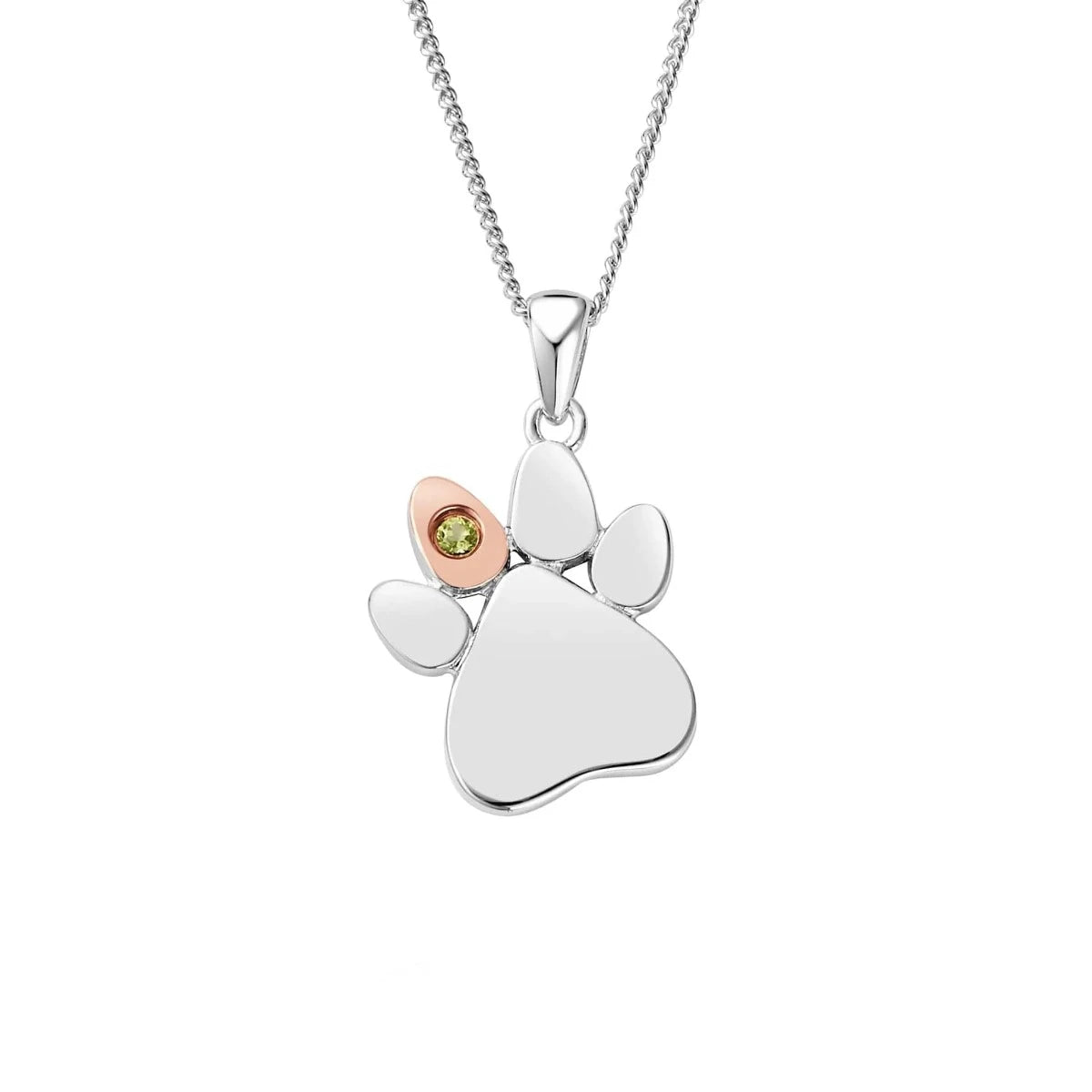 Clogau Sterling Silver Paw Prints On My Heart Necklace with August Peridot Birthstone - Perfect Gift for Pet Lovers, Birthday & Anniversary Jewelry