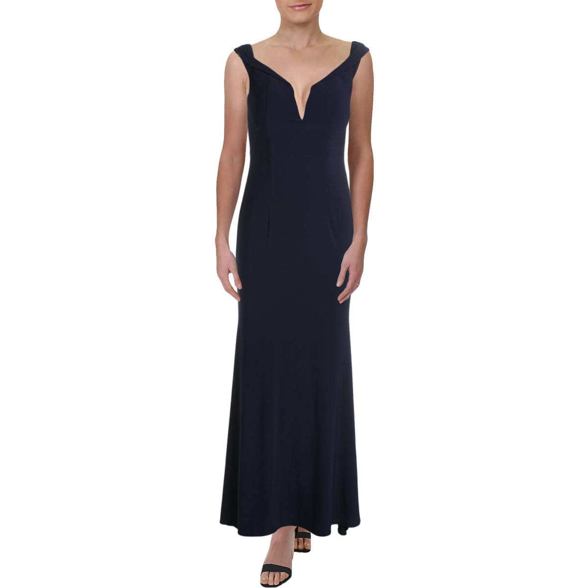 Xscape Women's Deep V Neck Off-The-Shoulder Evening Gown - Navy Blue Size 10 | Elegant Formal Dress for Cocktail Parties, Prom, Wedding Guest & Special Occasions
