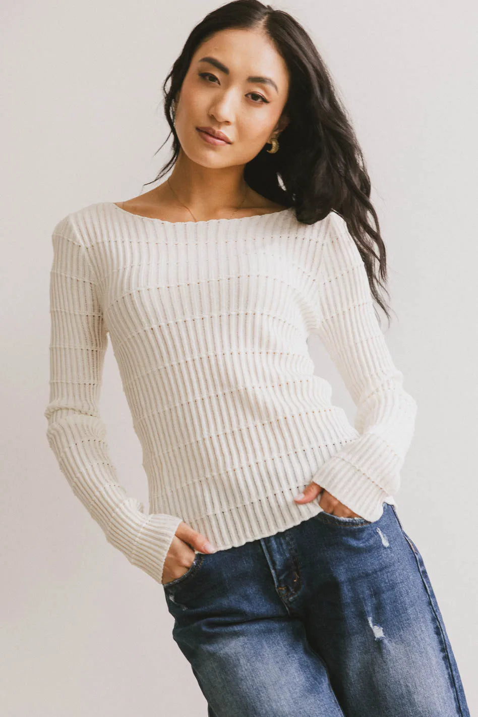 Gemma Sheer Ribbed Top - Women's White Stretch Knit Blouse for Casual Wear & Layering | FINAL SALE