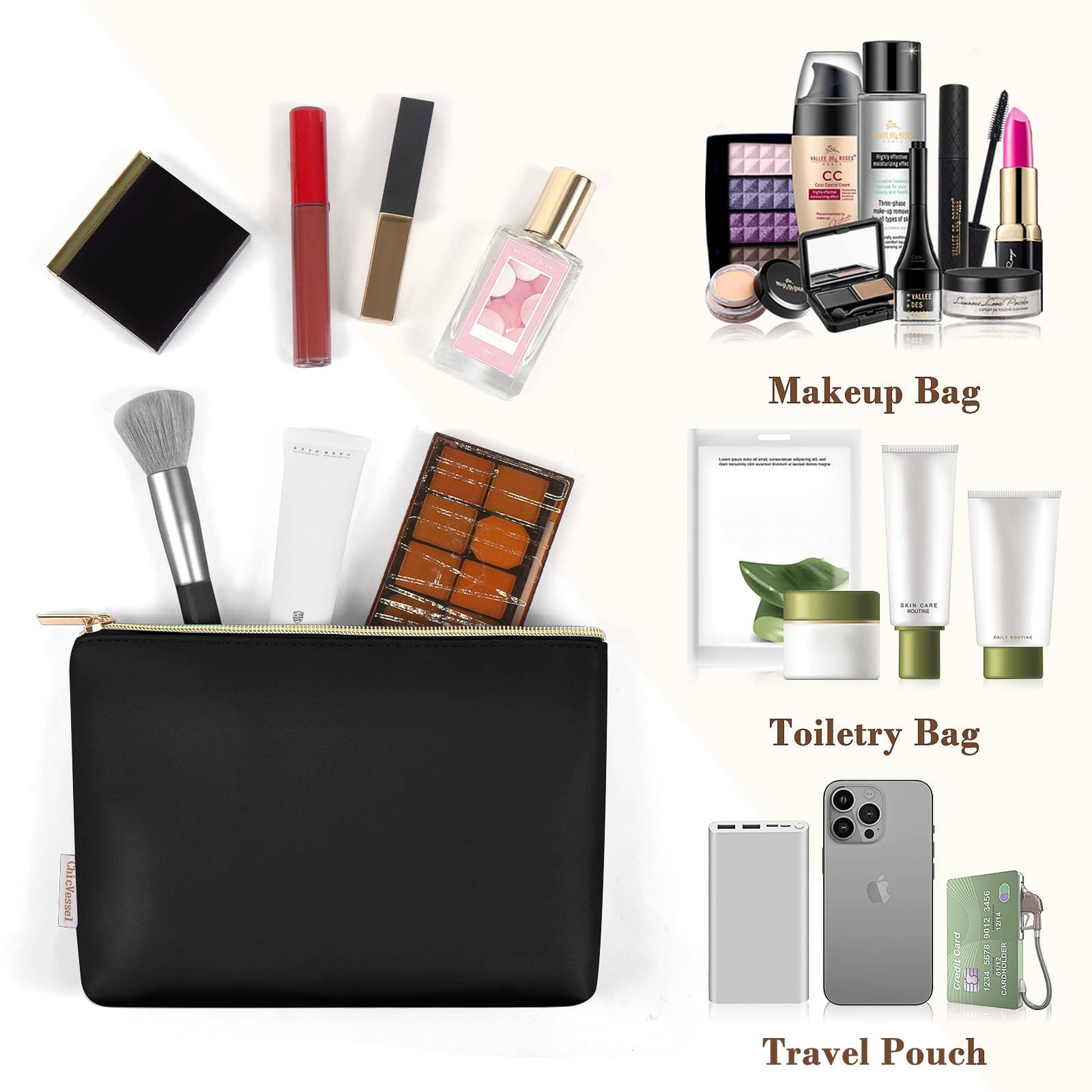 2 Pack Travel Makeup Bag - PU Leather Cosmetic Pouch, Small Portable Organizer for Purse, Toiletry & Makeup Essentials (Black) - Perfect for Travel, Gym & Daily Use