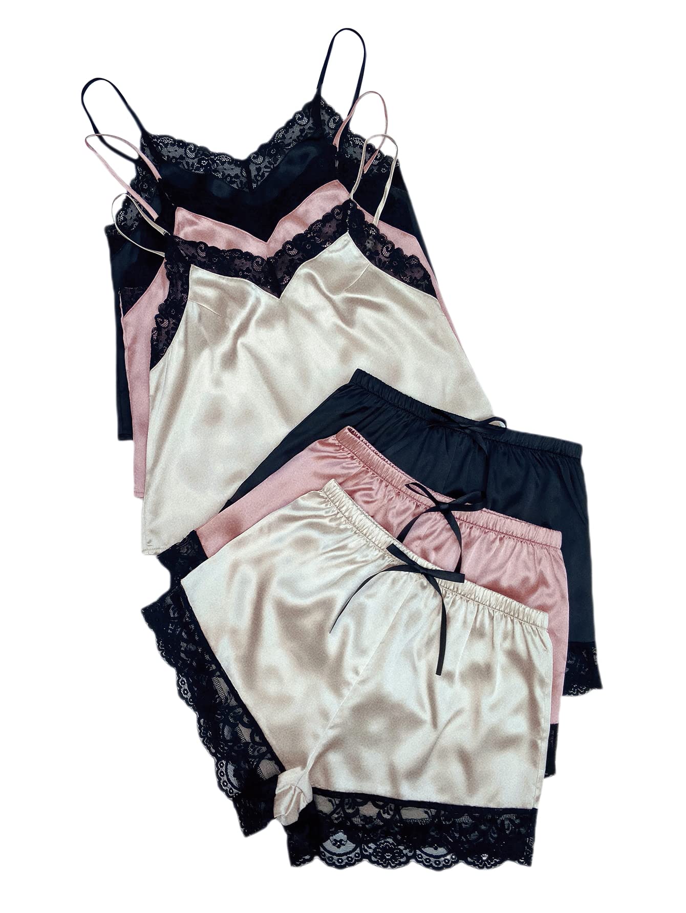 Milumia Women's Satin Pajama Set - 3 Piece Lace Trim Cami Top & Shorts Sleepwear for Women | Soft Lounge Wear for Nighttime, Travel & Relaxation at Home