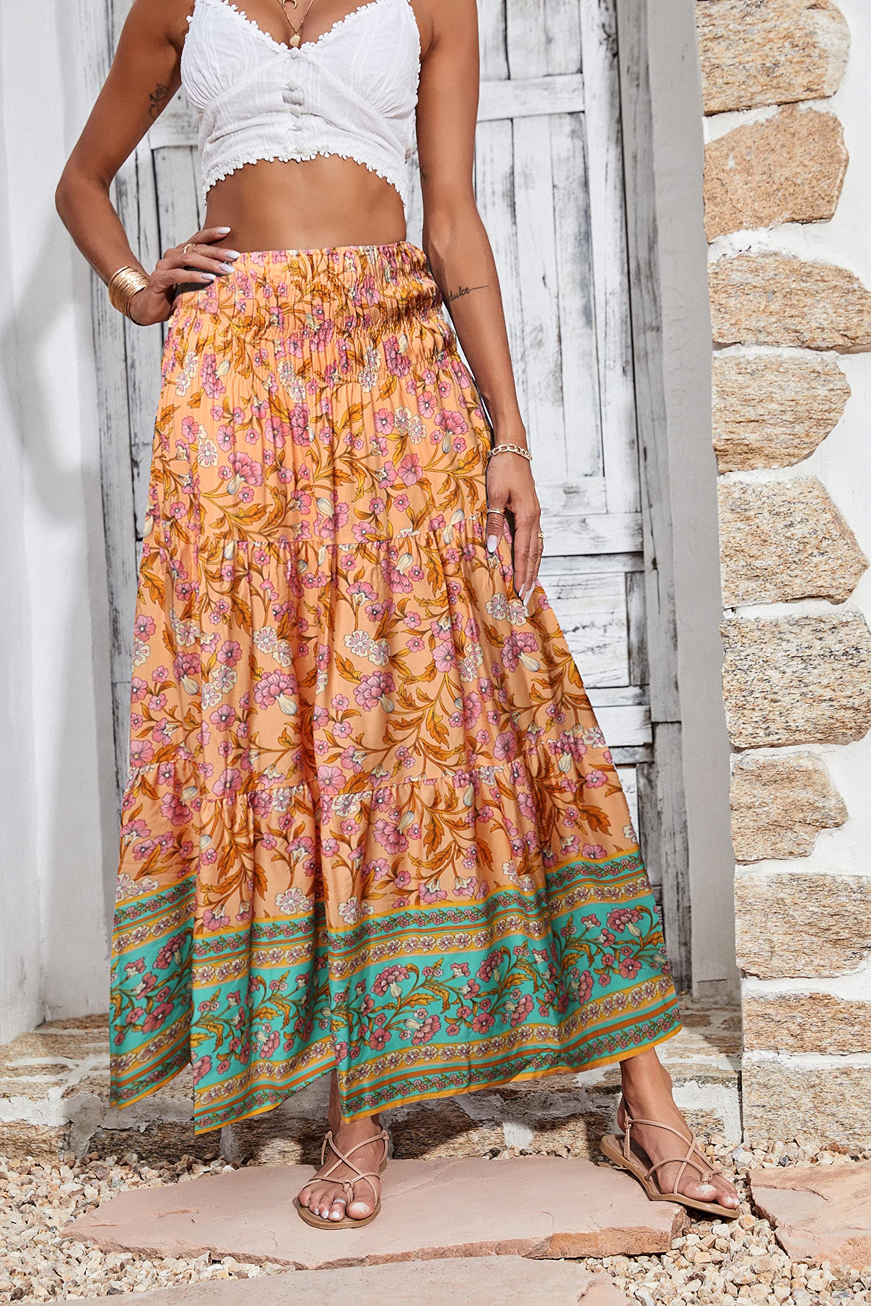 CFLONGE Women's 2025 Bohemian Long Maxi Skirt - Flowy High Waist A-Line Summer Skirt with Pleats - Perfect for Beach, Music Festivals & Boho Chic Outfits