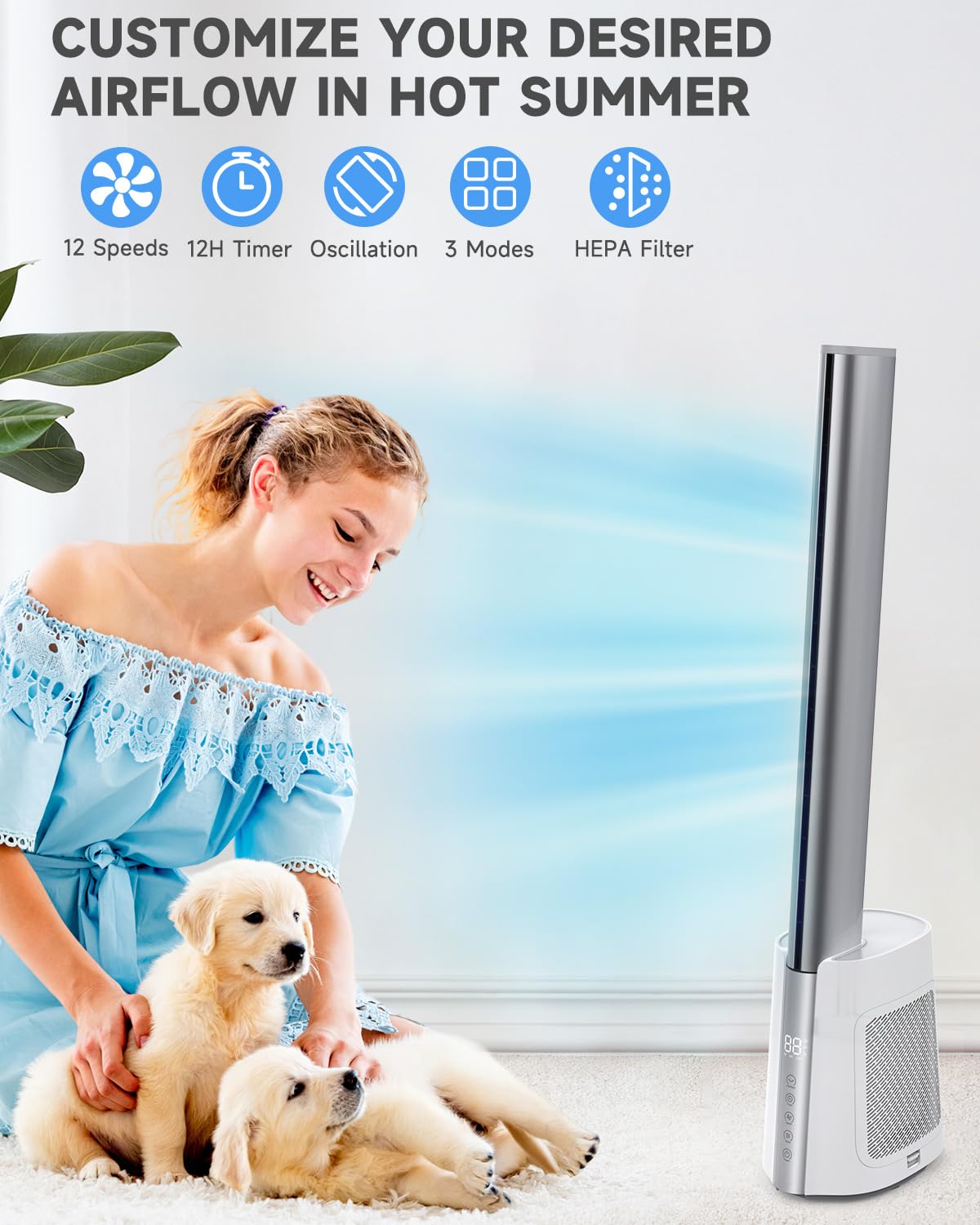 Gimify 40'' Bladeless Tower Fan with Remote Control - Ultra Quiet 120° Oscillating Fan, 3 Speed Modes & 12 Wind Settings, 12H Timer, HEPA Filter 99.97% Dust Smoke Removal for Bedroom, Office & Living Room - Perfect for Cooling, Air Purification & White Noise Sleep Aid
