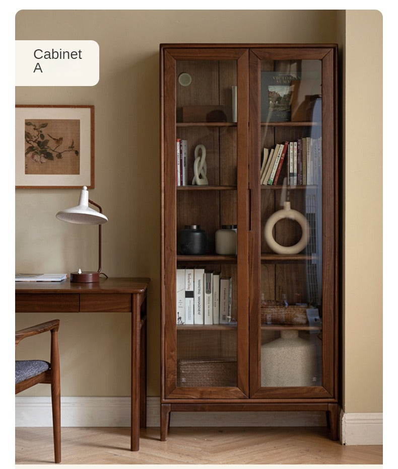 Premium Black Walnut & Ash Solid Wood Bookcase with Dust-Proof Glass Doors - Stylish Home Office & Living Room Storage Solution