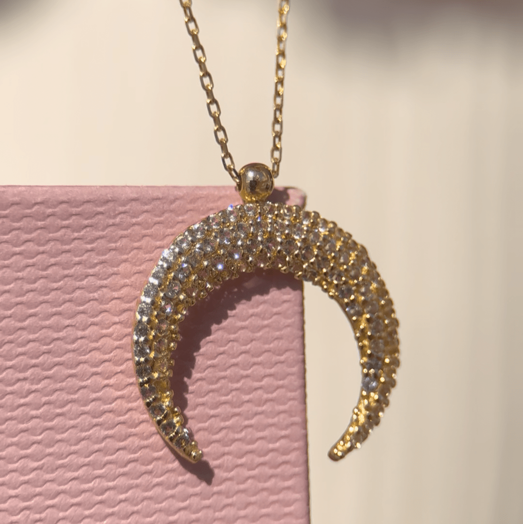 14k Yellow Gold Sapphire Pave Crescent Moon Necklace for Women | Elegant Layering Jewelry for Date Night & Special Occasions