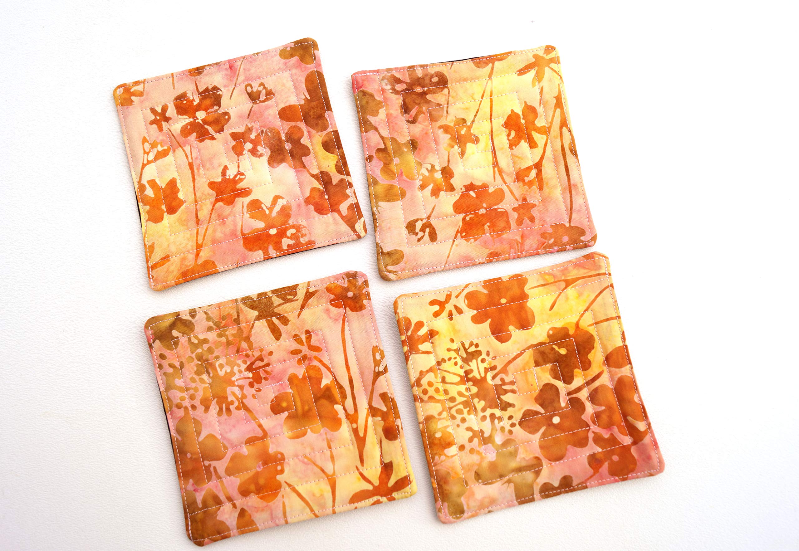 Batik Quilted Floral Fabric Coasters Set of 4 - Handmade Cotton Drink Coasters for Coffee, Tea, Wine - Perfect for Home Decor, Table Setting & Gift Giving