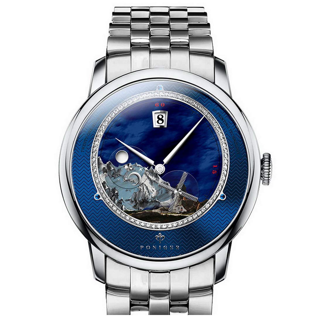 PONIGER Men's Automatic Self-Winding Luxury Dress Watch - 50M Waterproof Mechanical Wristwatch with Sun-Moon Dial & Windmill Second Hand, Date Display - Perfect for Business, Formal Events & Everyday Wear