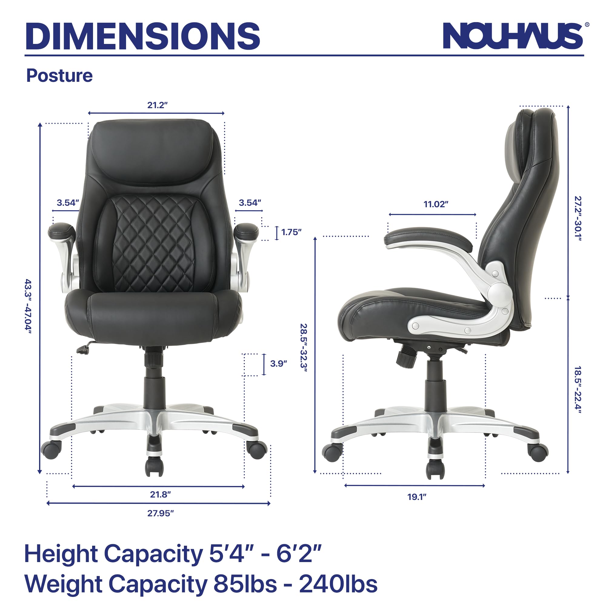 Nouhaus Posture Ergonomic PU Leather Office Chair with Click5 Lumbar Support & FlipAdjust Armrests - Modern Executive Desk Chair for Home & Office (Black) - Perfect for Long Work Hours, Gaming & Remote Work
