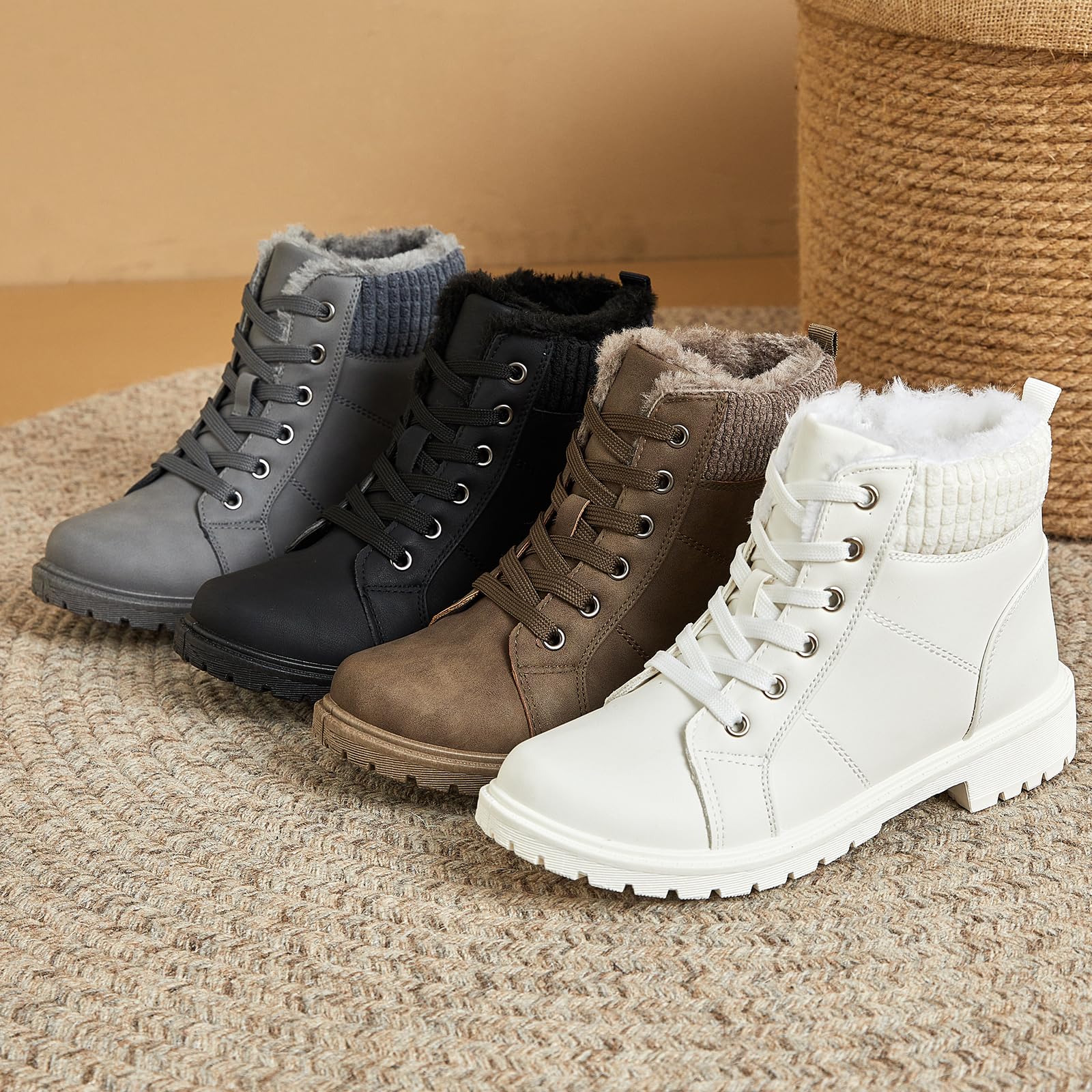 Women's Combat Boots - Black Ankle Booties with Side Zipper | Winter Snow Boots with Non-Slip Sole | Warm Fuzzy Lined Lace-Up Boots for Outdoor, Hiking & Streetwear Fashion