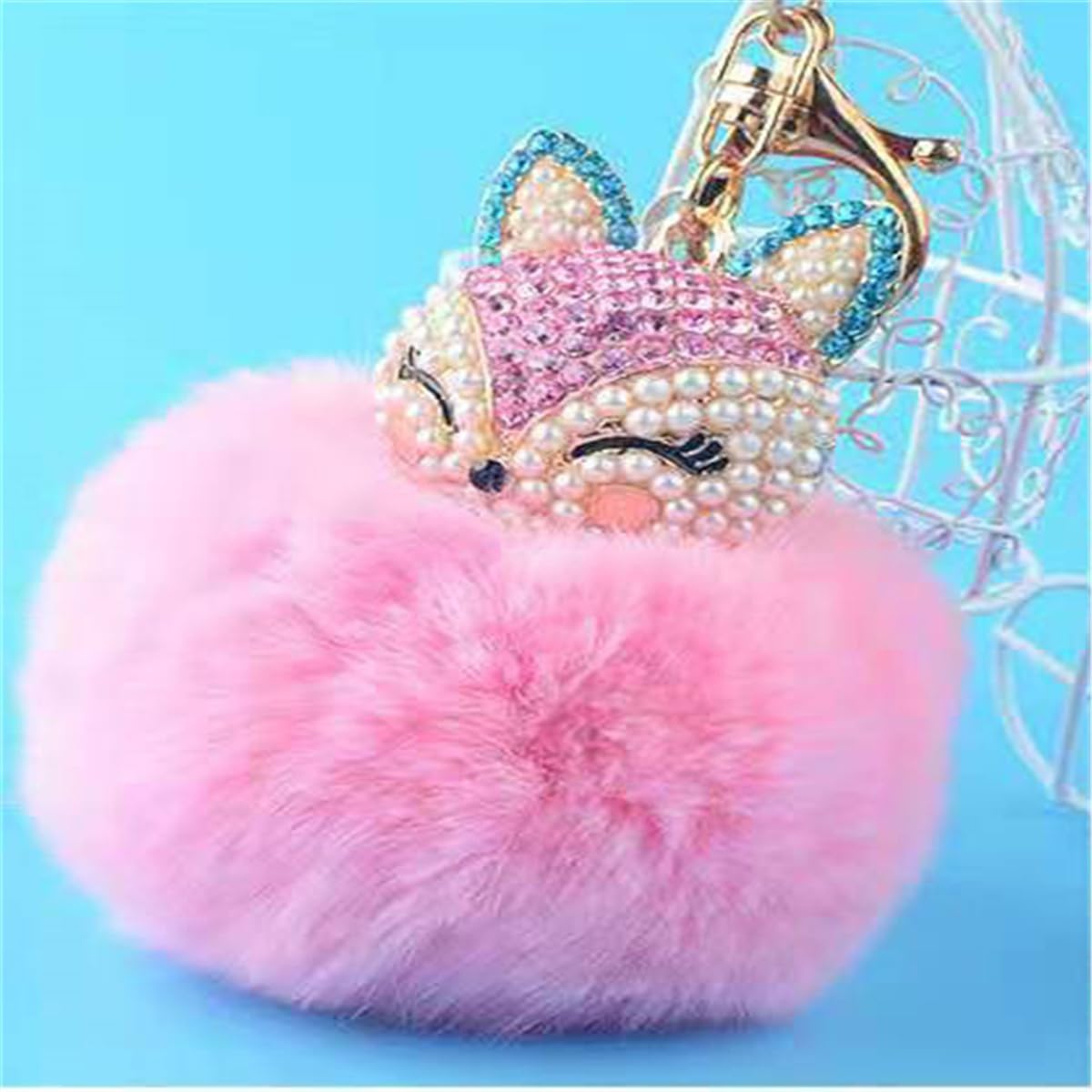 Fox & Rabbit Fur Pom Pom Keychain for Women - Crystal Rhinestone Diamond Car Keychain - Stylish Gift for Purse, Bag, Keys & Everyday Use