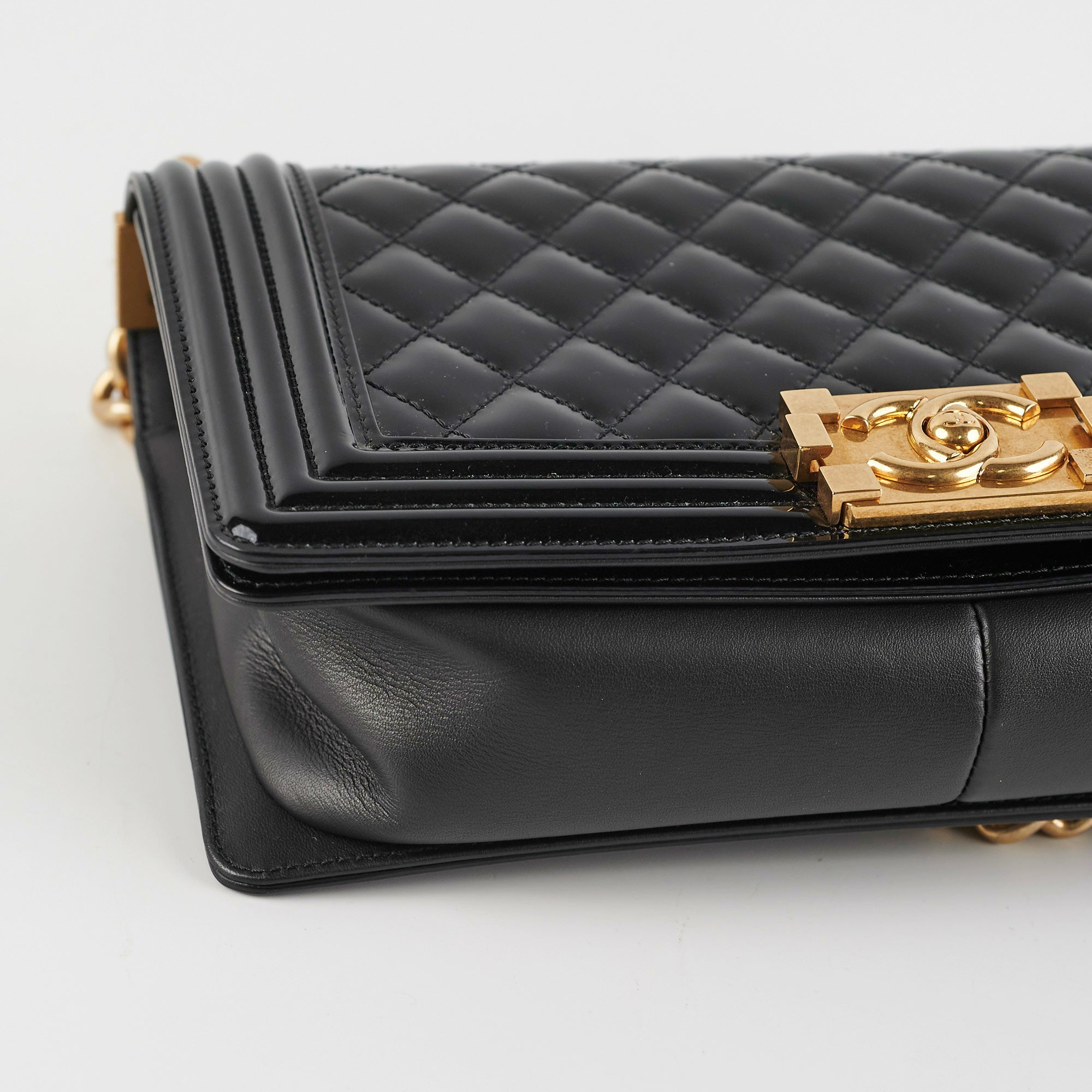 Chanel Old Medium Boy Bag Patent Leather Black - Luxury Designer Handbag for Women, Perfect for Evening Parties & Special Occasions